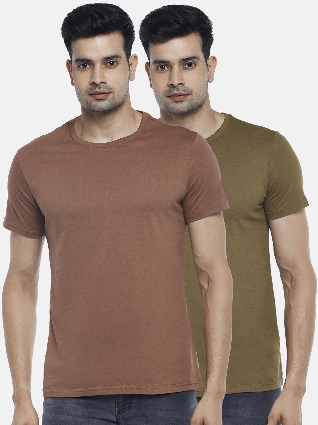 

BYFORD by Pantaloons Men Pack of 2 Solid Cotton T-shirt, Brown