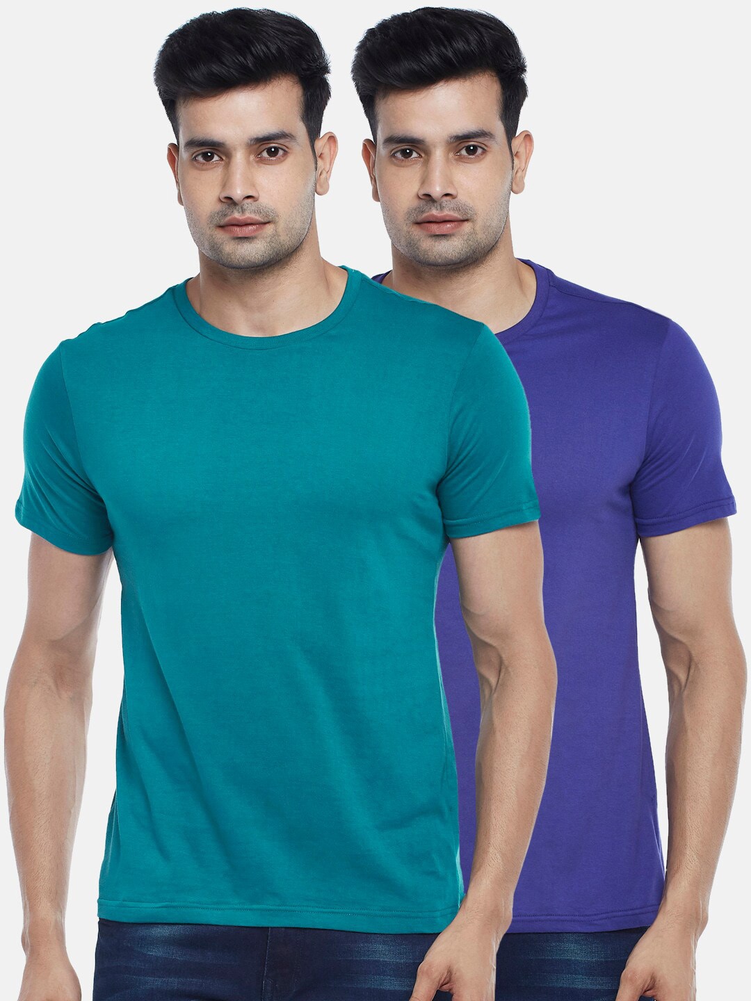 

BYFORD by Pantaloons Men Pack of 2 Solid Cotton T-shirt, Teal