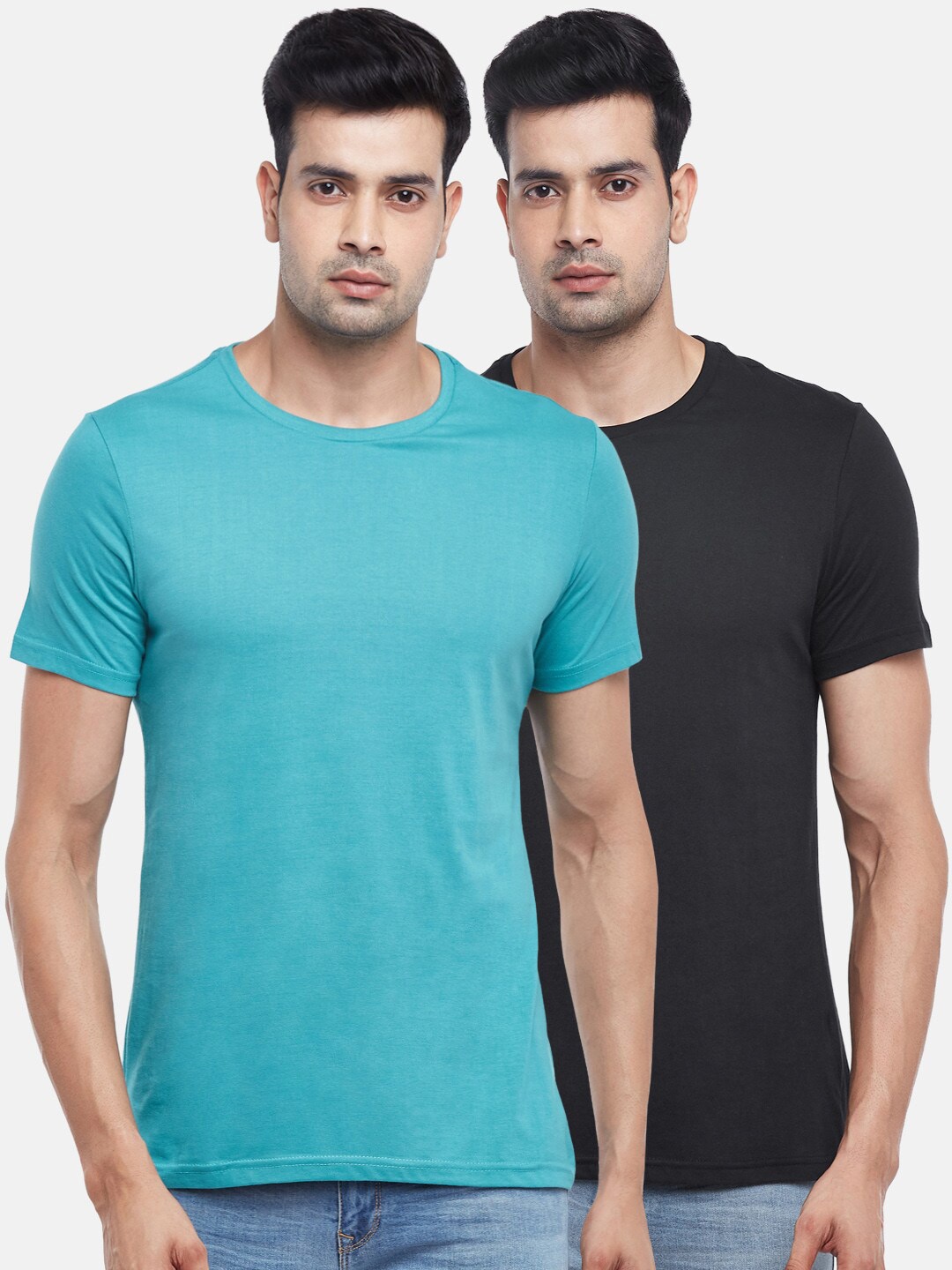 

BYFORD by Pantaloons Men Pack of 2 Solid Cotton T-shirt, Teal