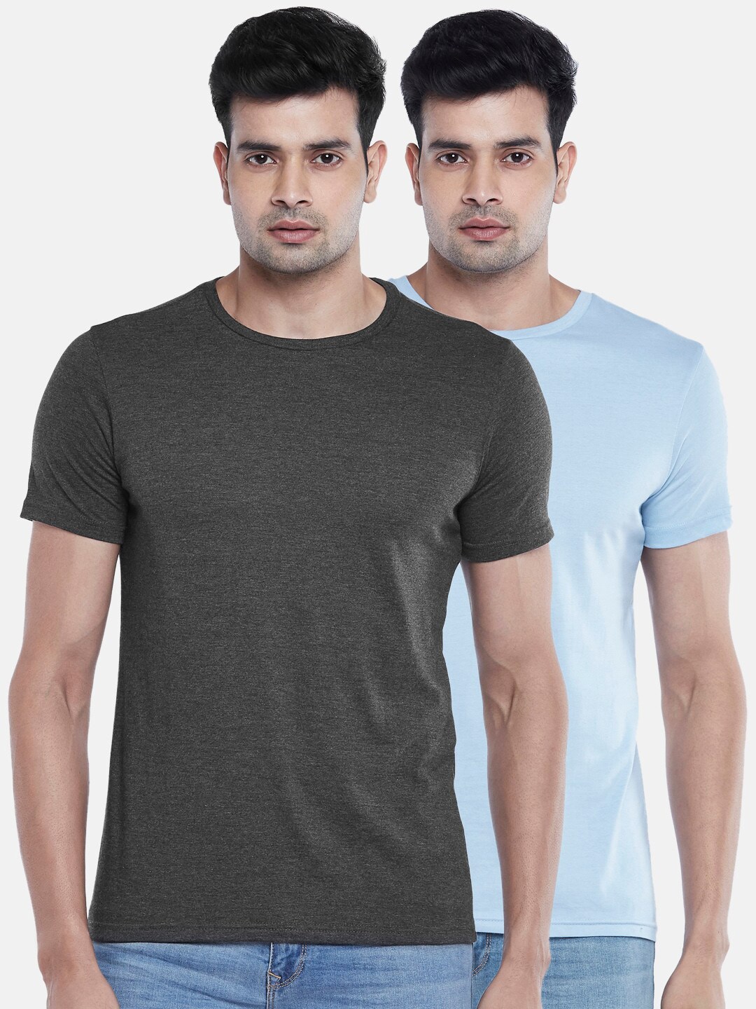 

BYFORD by Pantaloons Men Pack of 2 Solid Cotton T-shirt, Grey melange