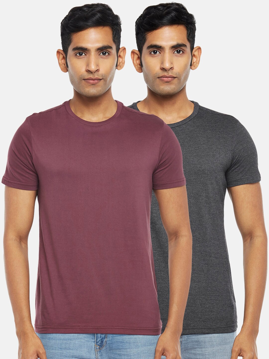 

BYFORD by Pantaloons Men Pack of 2 Solid Cotton T-shirt, Grey melange