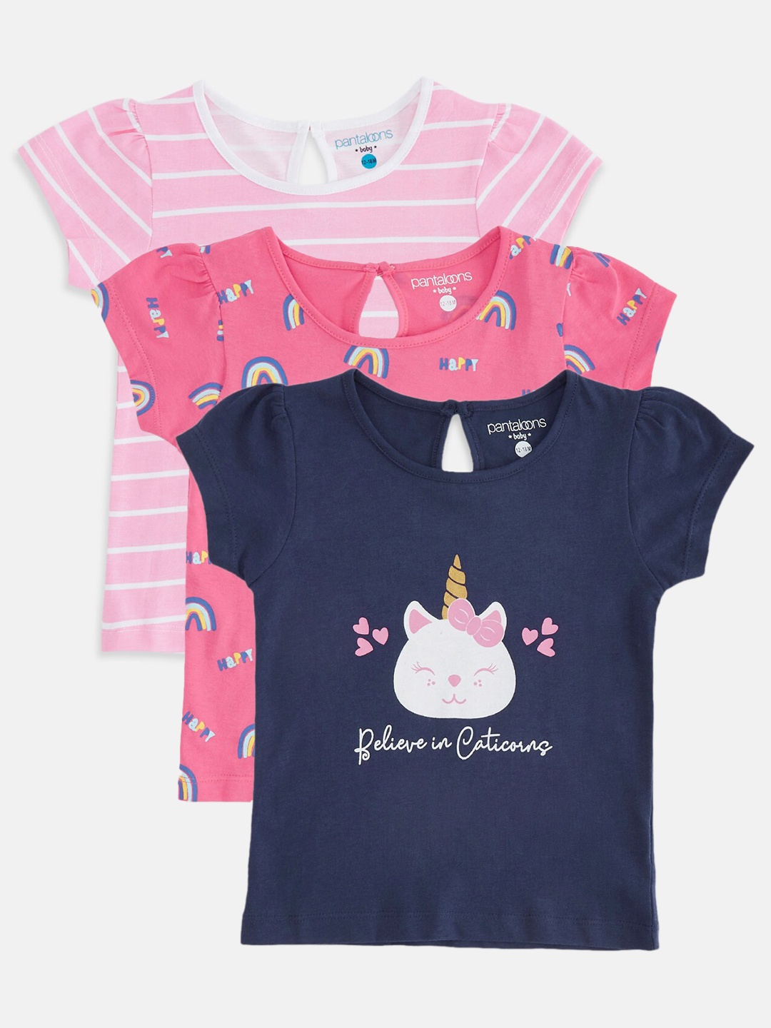 

Pantaloons Baby Girls Pack Of 3 Pink & Navy Blue Printed Cotton T-shirt