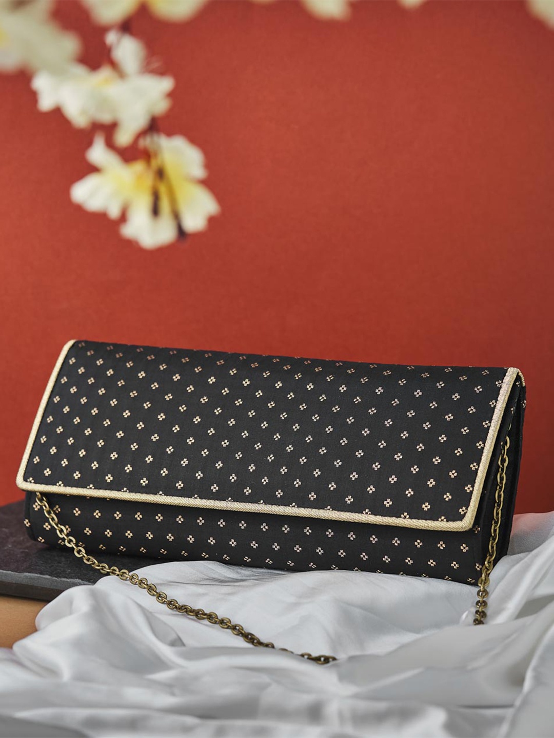 

Fabindia Black & Gold-Toned Printed Purse Clutch