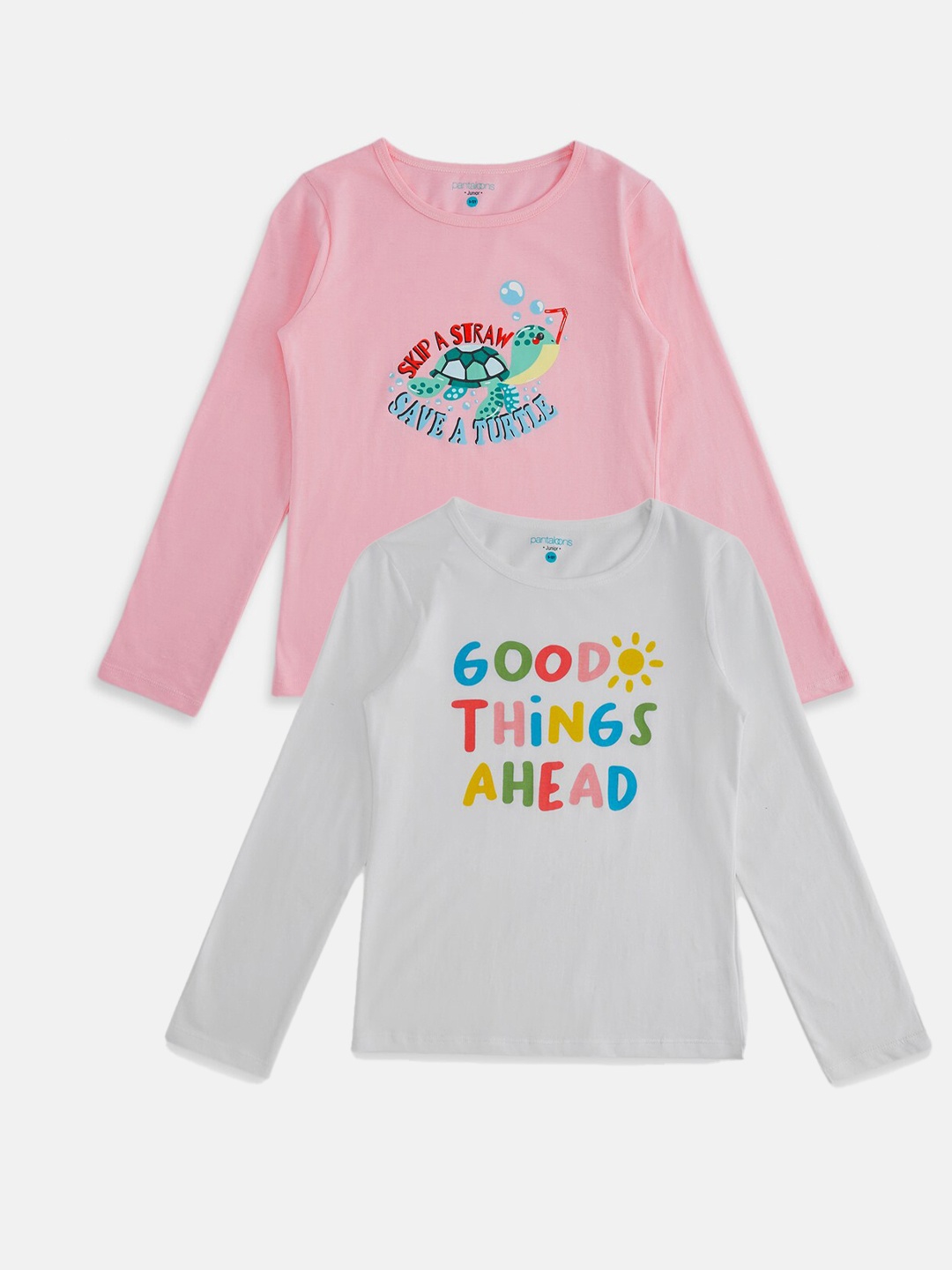 

Pantaloons Junior Girls Pack Of 2 White & Pink Typography Printed Cotton T-shirt