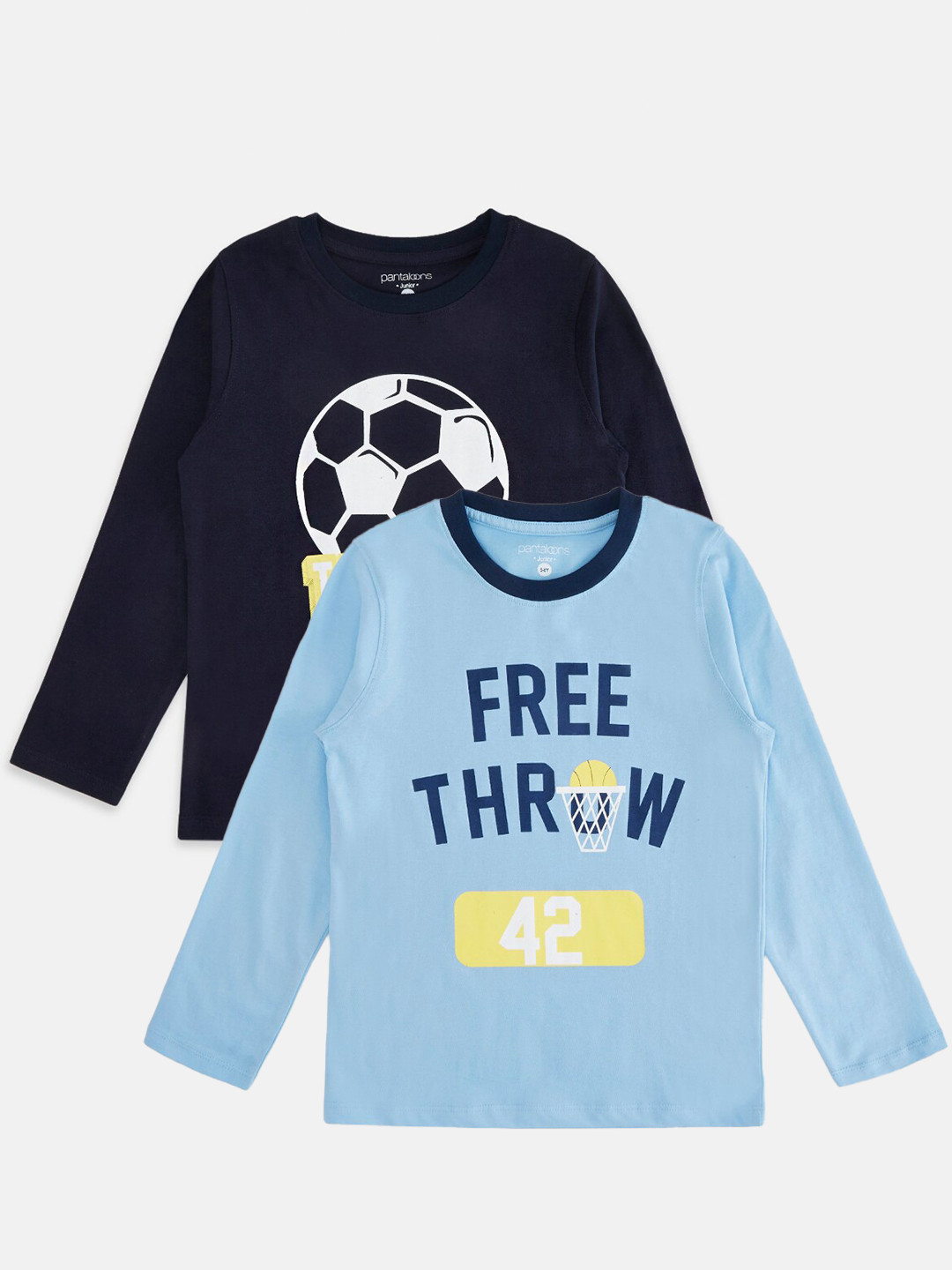 

Pantaloons Junior Boys Pack Of 2 Blue & Navy Blue Typography Printed Cotton T-shirt