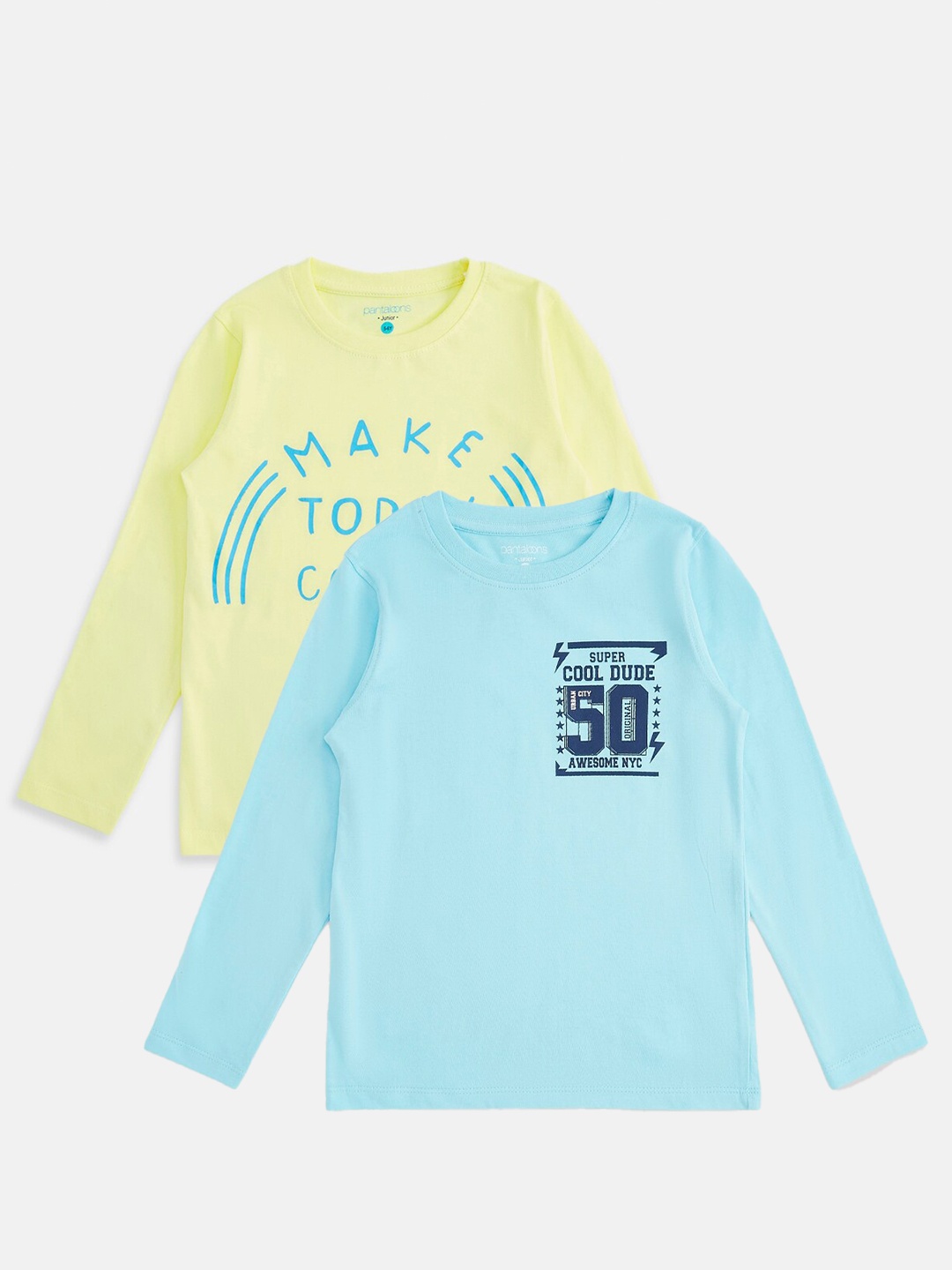 

Pantaloons Junior Boys Pack Of 2 Blue & Yellow Typography Printed Cotton T-shirt