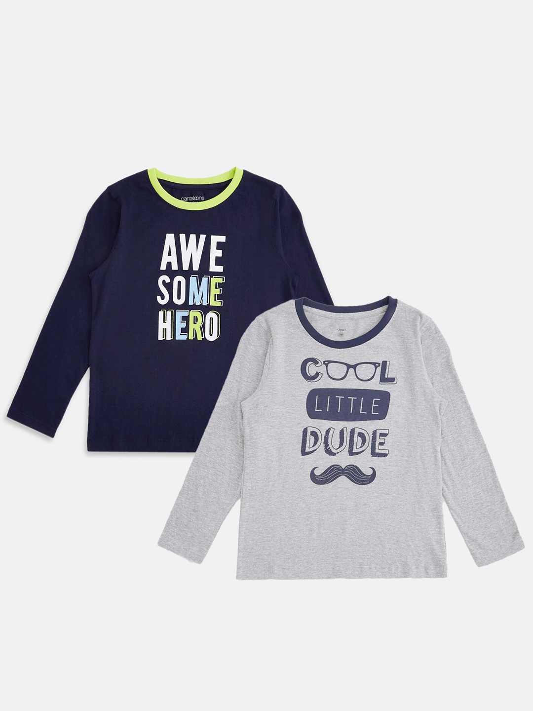 

Pantaloons Junior Boys Pack Of 2 Navy Blue & Grey Typography Printed Cotton T-shirt