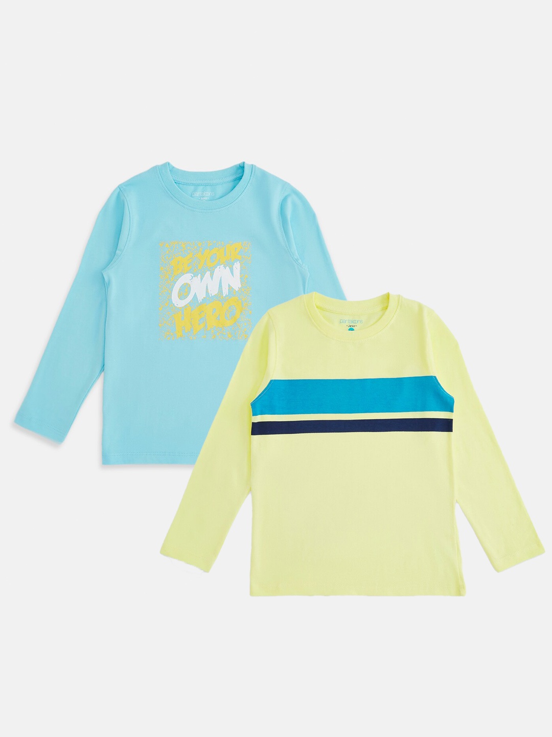 

Pantaloons Junior Boys Pack Of 2 Yellow & Blue Typography Printed Cotton T-shirt