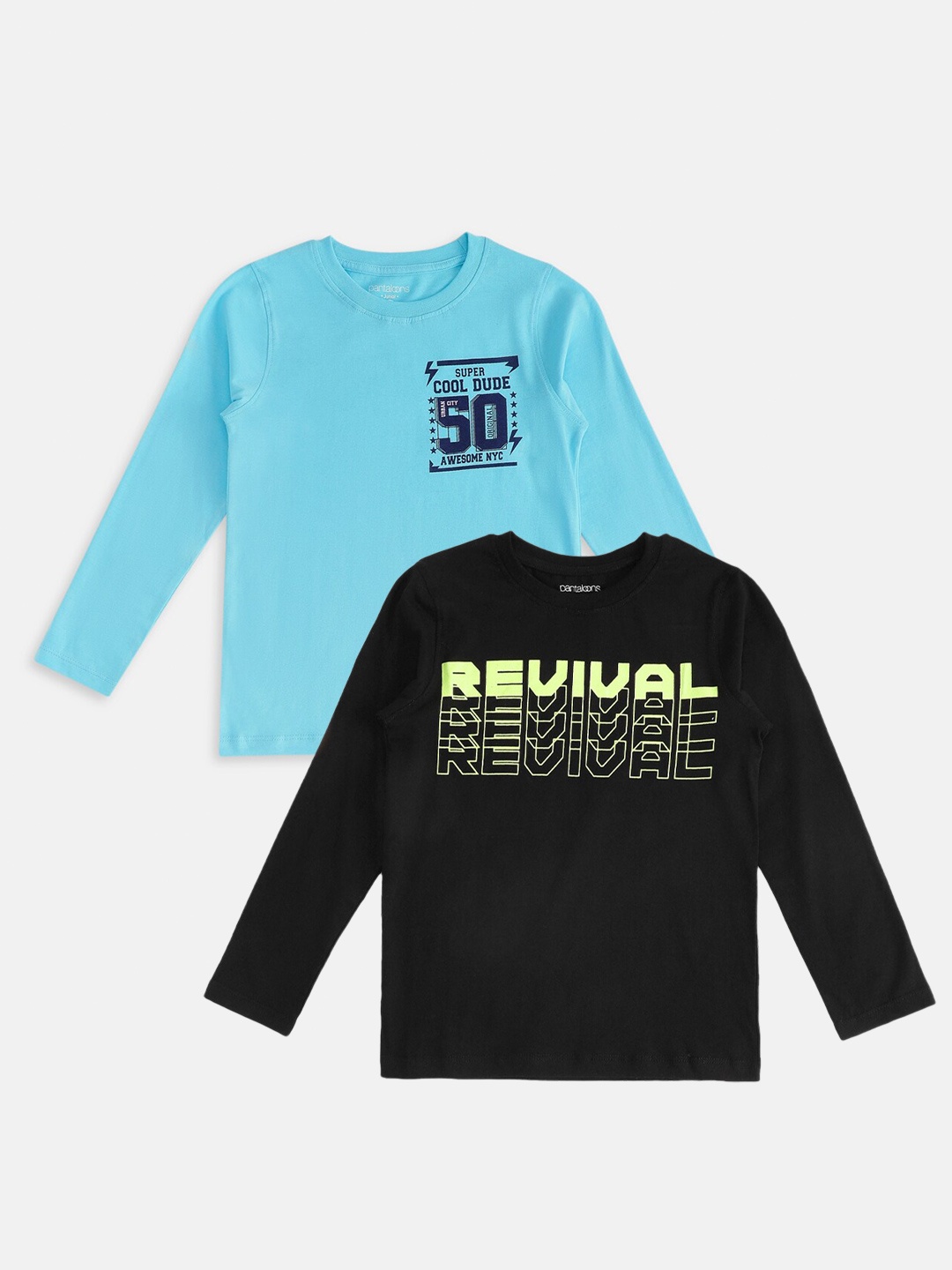 

Pantaloons Junior Boys Pack Of 2 Black & Blue Typography Printed Cotton T-shirt