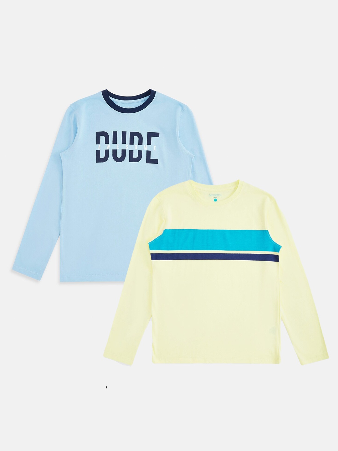 

Pantaloons Junior Boys Pack Of 2 Yellow & Blue Typography Printed Cotton T-shirt
