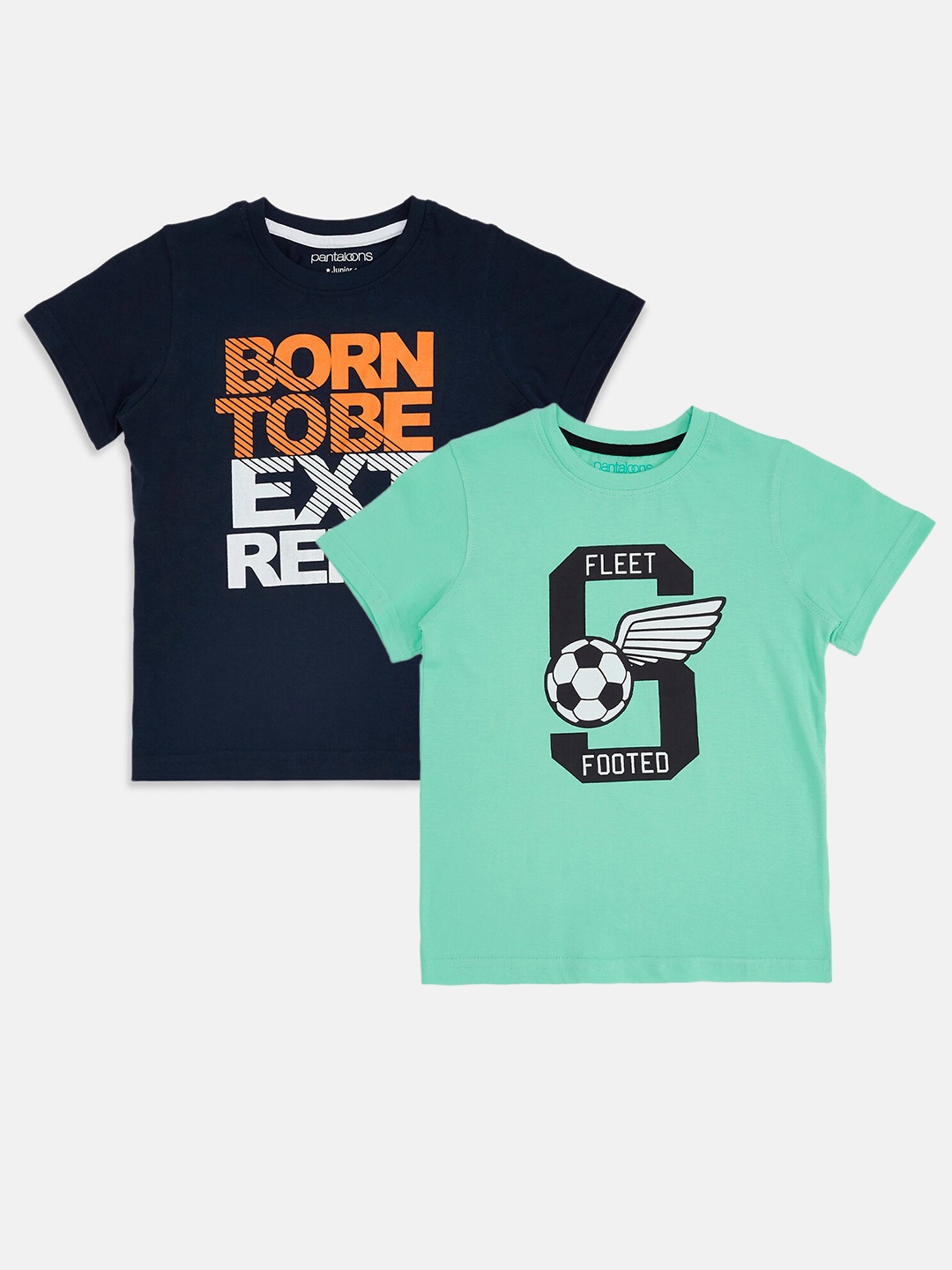 

Pantaloons Junior Boys Pack Of 2 Green & Navy Blue Typography Printed Cotton T-shirt