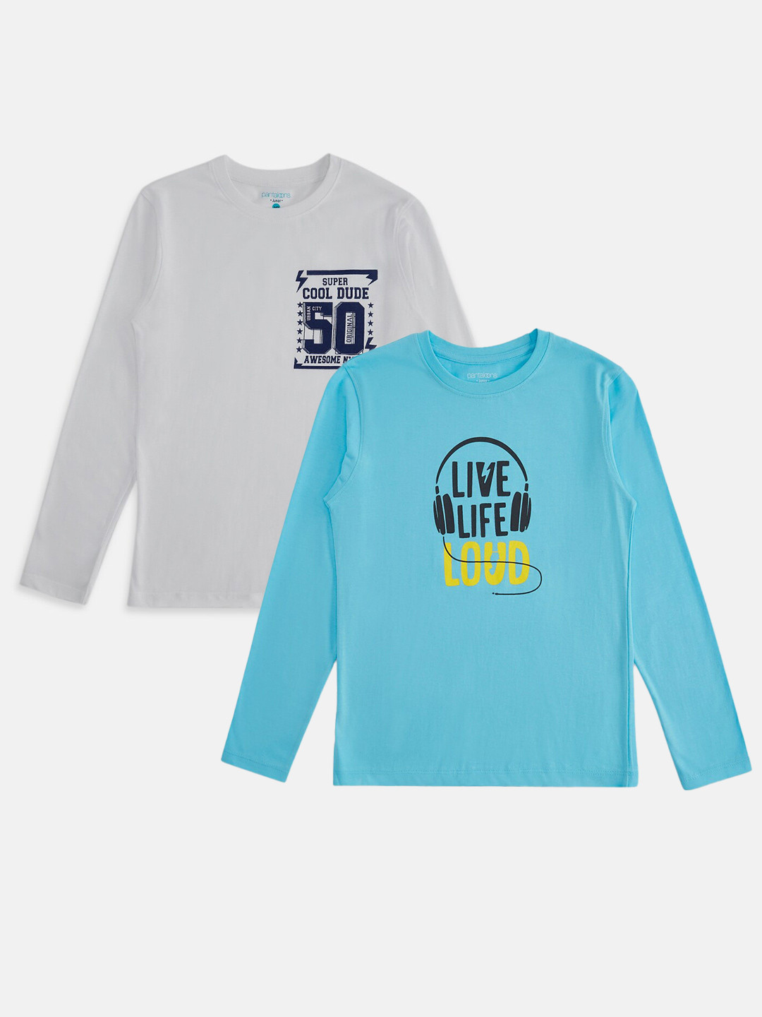 

Pantaloons Junior Boys Pack Of 2 Blue & Grey Typography Printed Cotton T-shirt