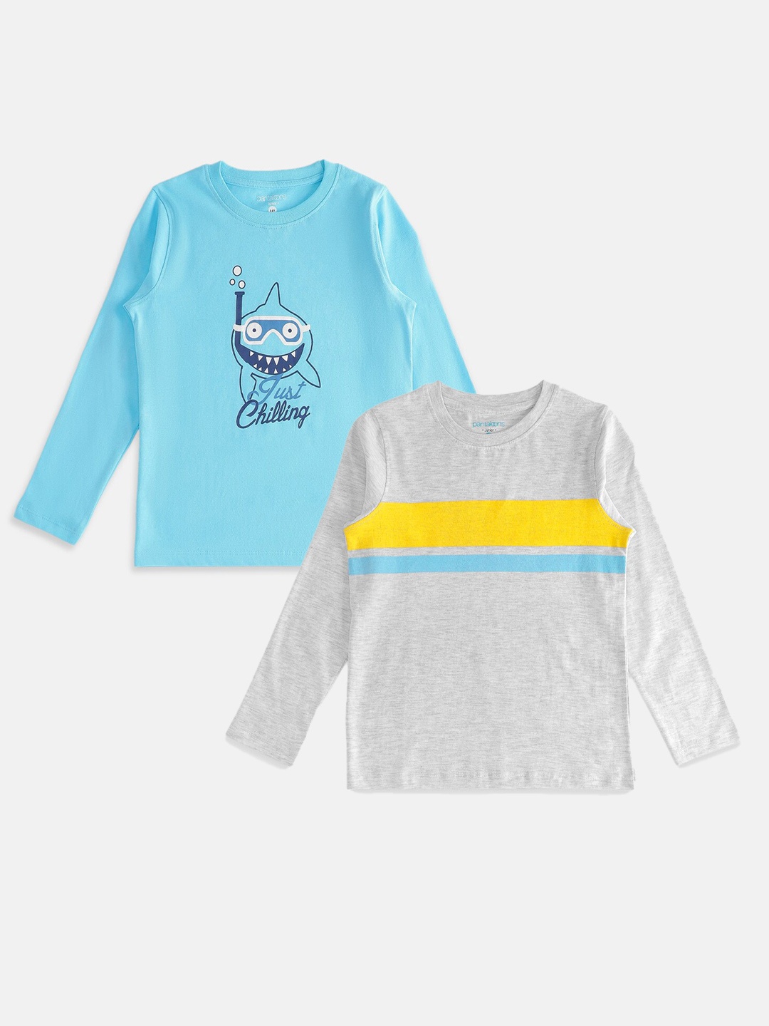 

Pantaloons Junior Boys Pack Of 2 Grey & Blue Typography Printed Cotton T-shirt