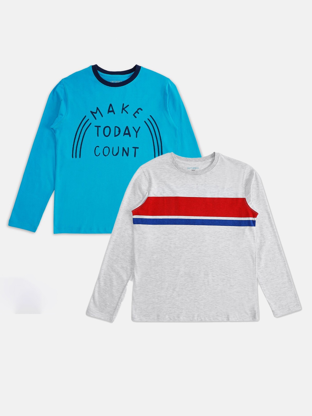 

Pantaloons Junior Boys Pack Of 2 Grey & Blue Typography Cotton T-shirt
