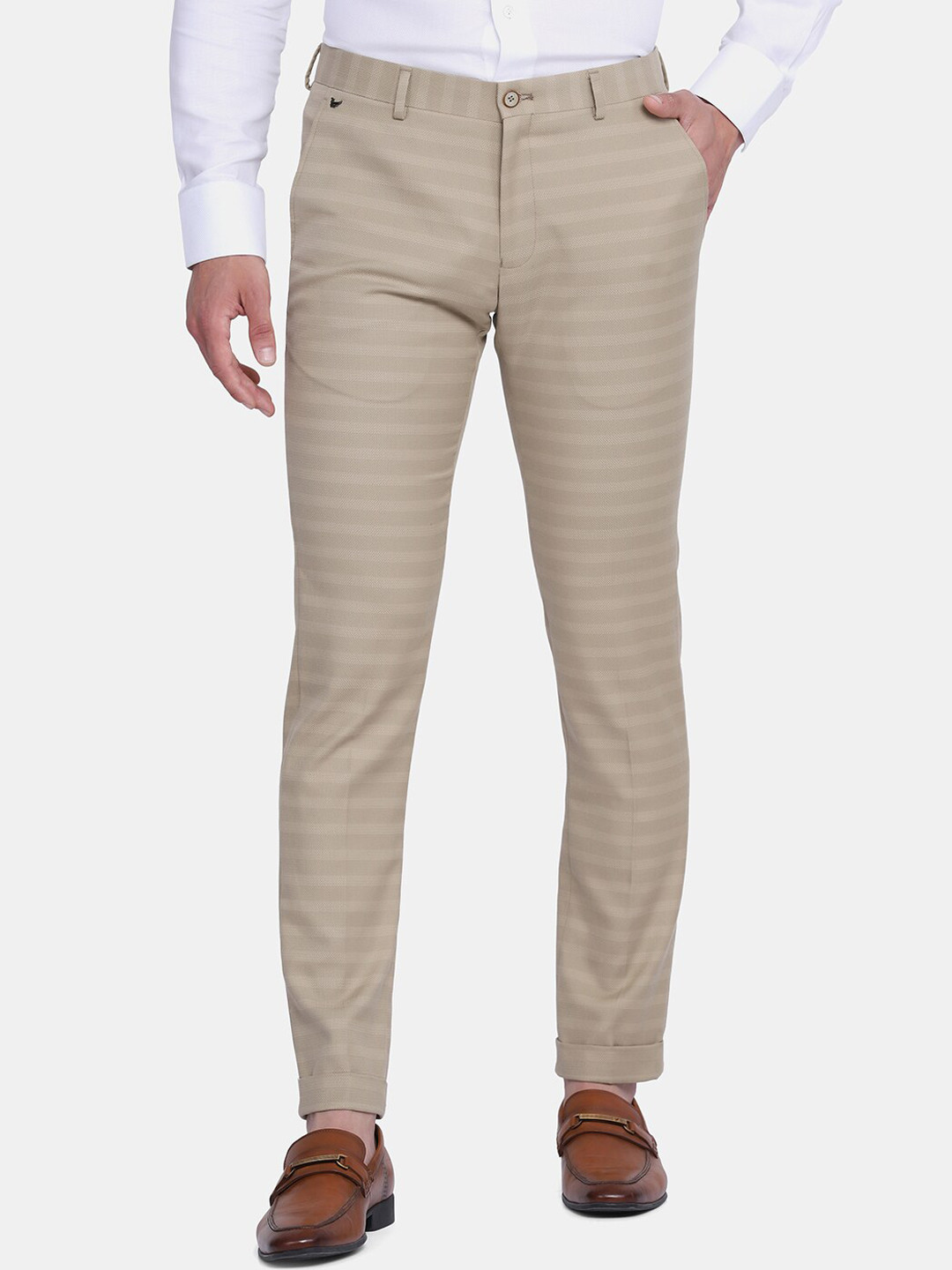 

Blackberrys Men Beige Striped Slim Fit Low-Rise Trousers