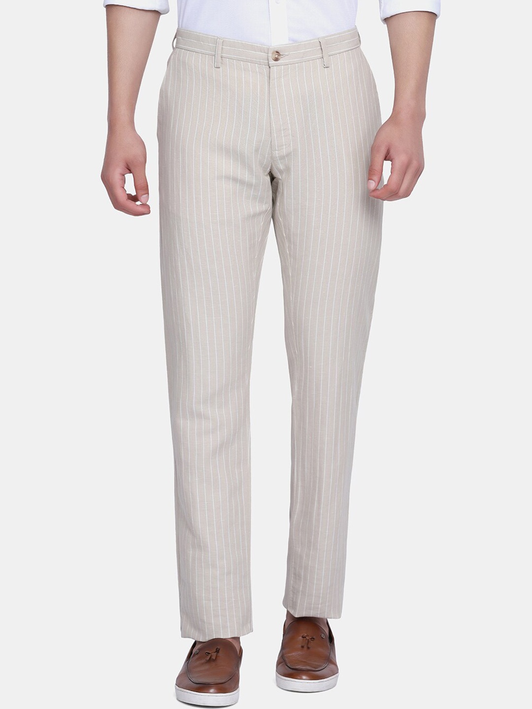 

Blackberrys Men Cream-Coloured Striped Slim Fit Trousers