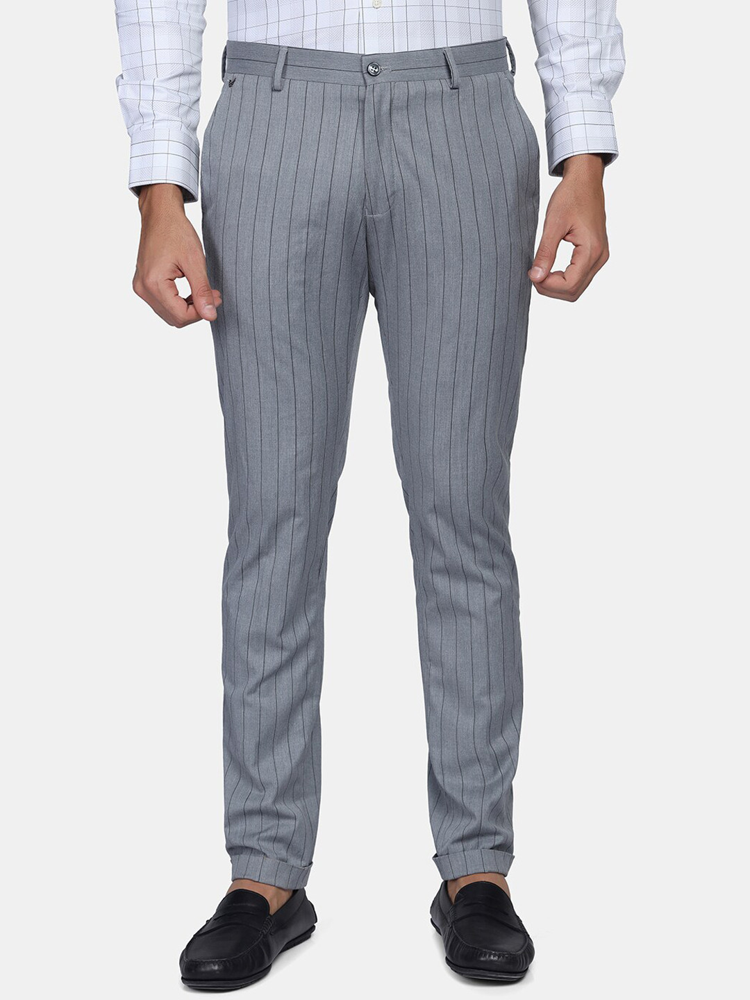 

Blackberrys Men Grey Striped Slim Fit Low-Rise Trousers