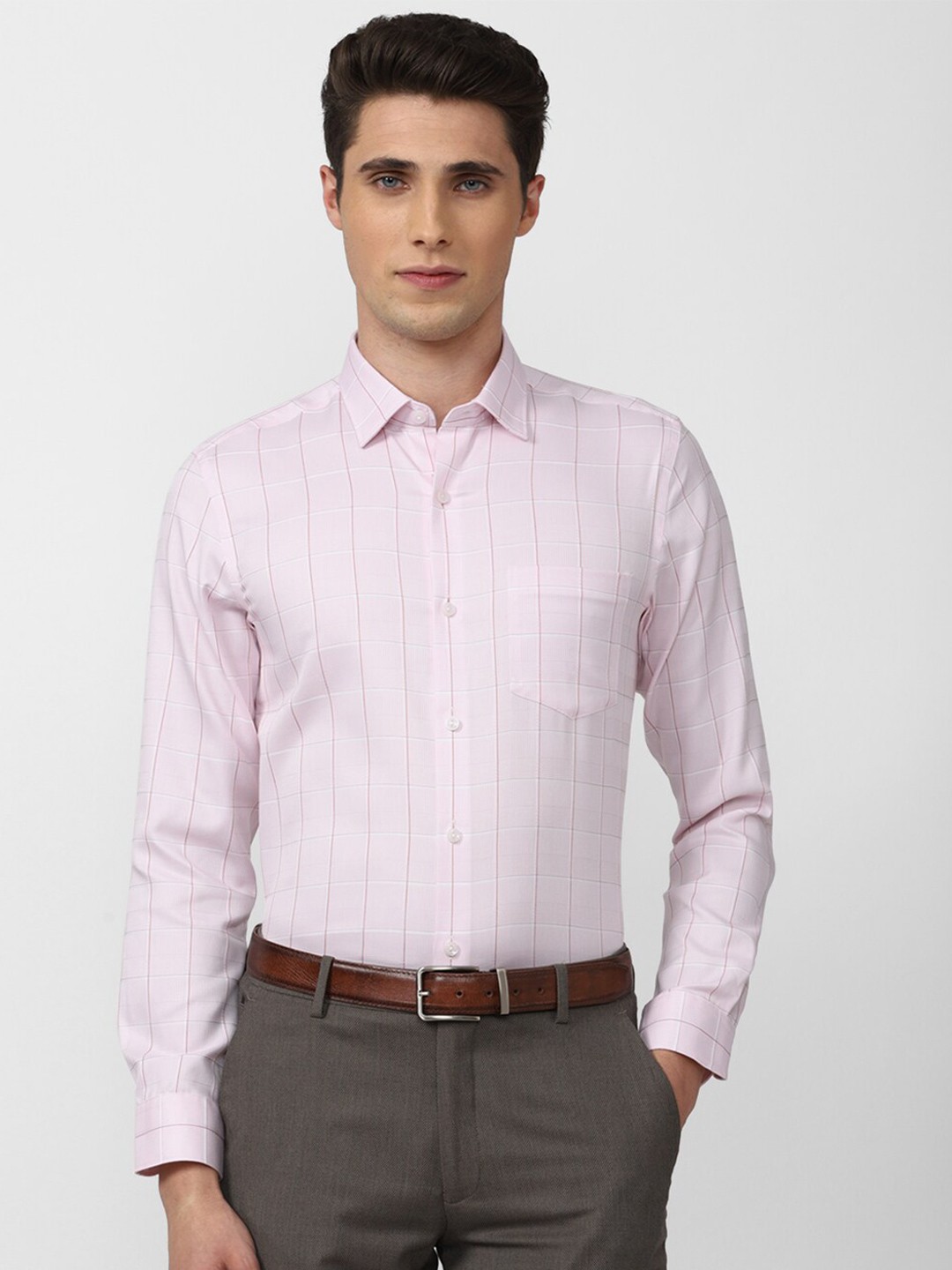 

Peter England Elite Men Slim Fit Windowpane Checks Cotton Formal Shirt, Pink