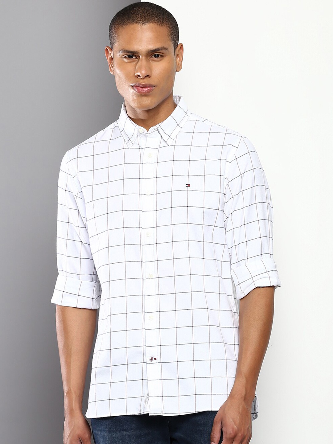 

Tommy Hilfiger Men White Windowpane Checks Checked Casual Pure Cotton Shirt
