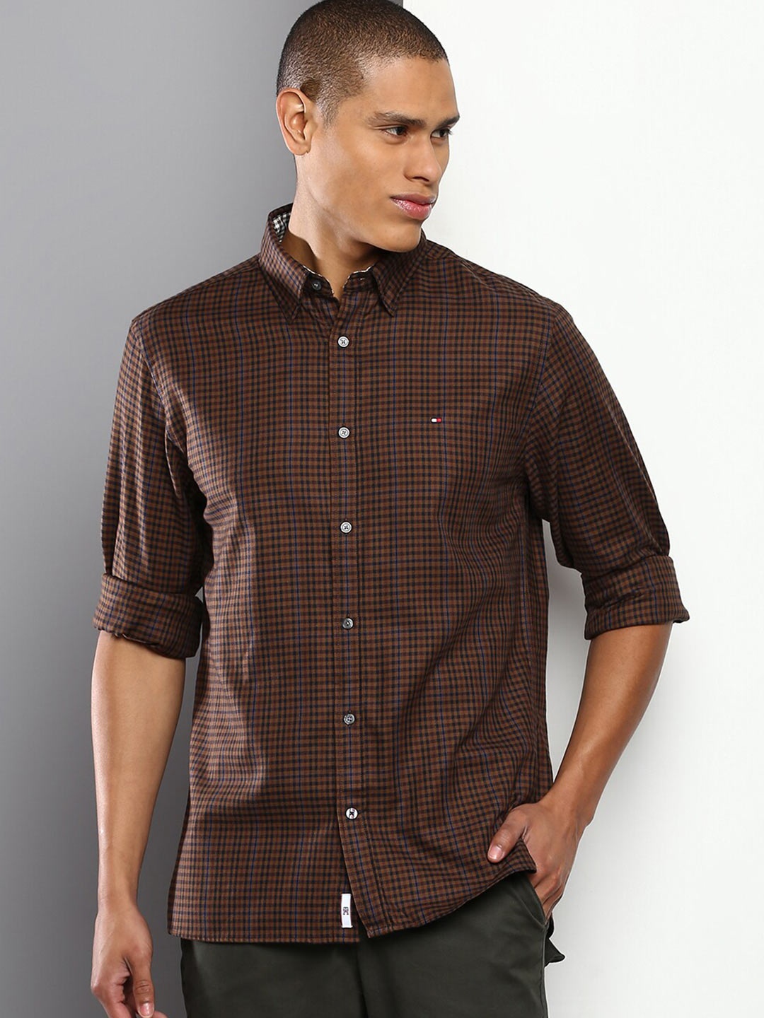 

Tommy Hilfiger Men Brown Tartan Checks Checked Pure Cotton Casual Shirt