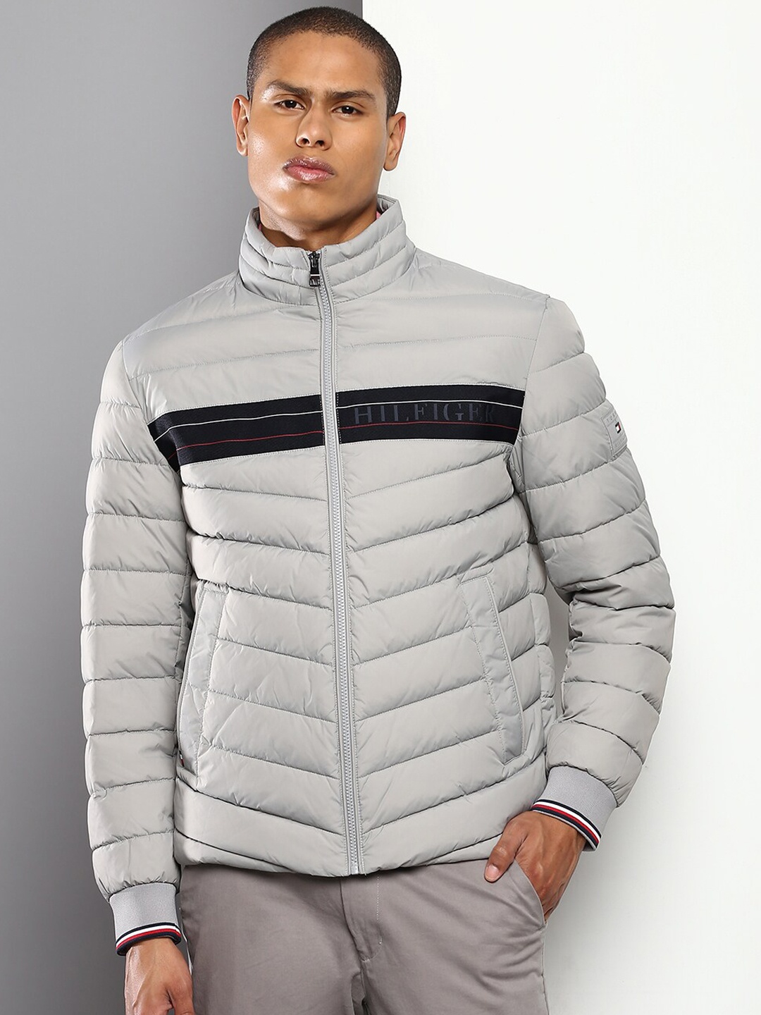 

Tommy Hilfiger Men Grey Striped Mock Collar Quilted Jacket