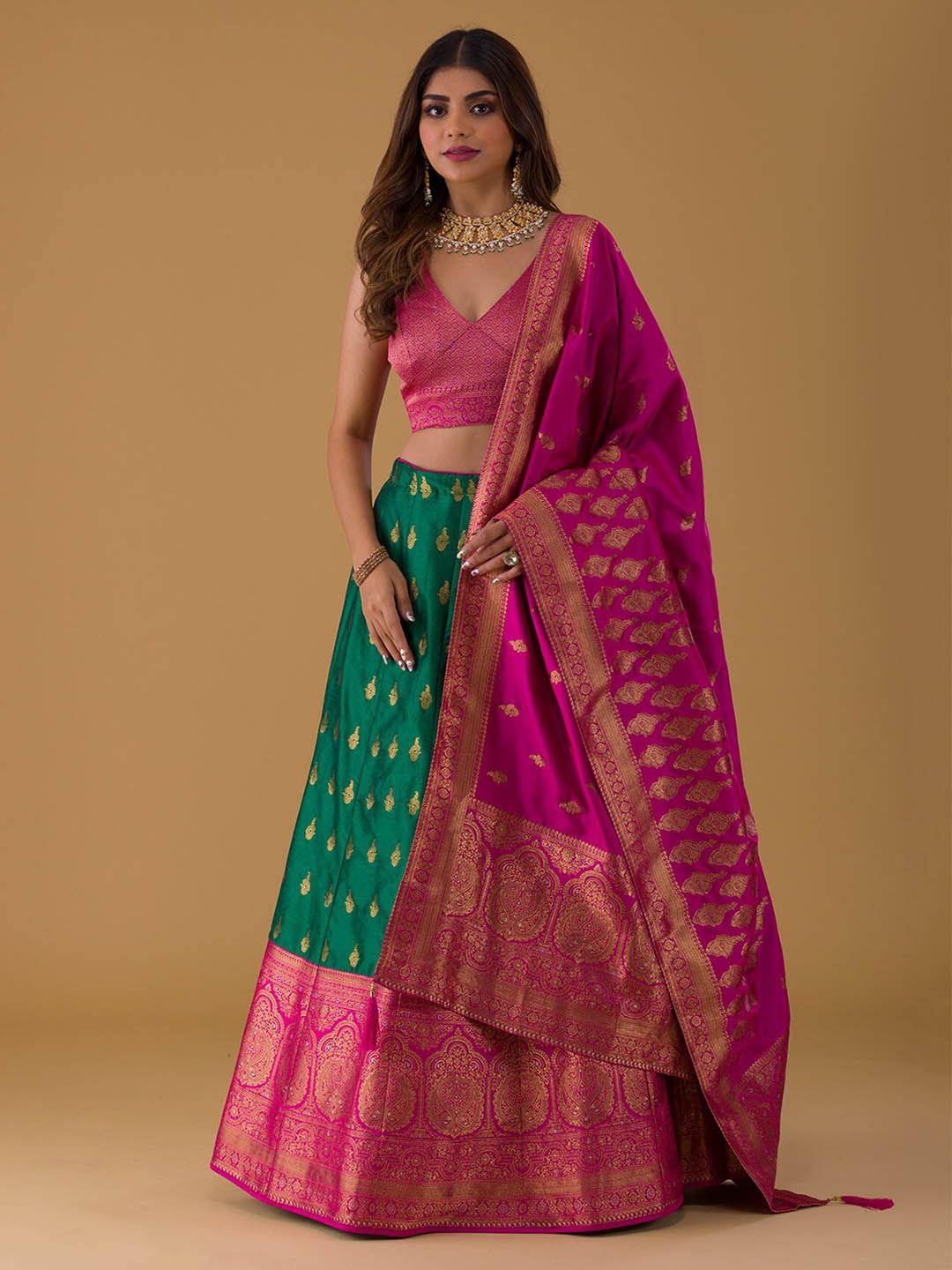 

Koskii Women Green & Pink Ready to Wear Lehenga & Blouse With Dupatta