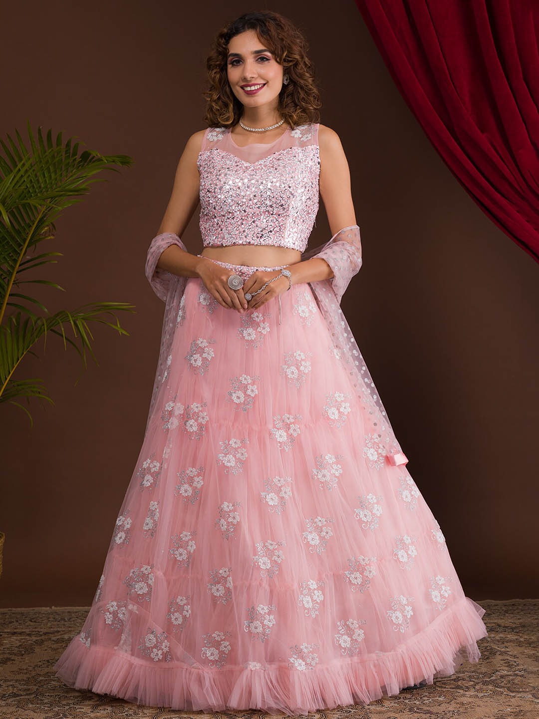 

Koskii Pink & White Embellished Sequinned Ready to Wear Lehenga & Blouse With Dupatta