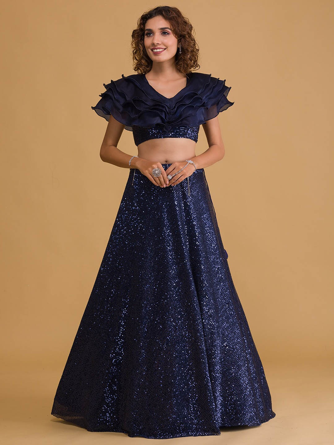 

Koskii Navy Blue Embellished Sequinned Ready to Wear Lehenga &