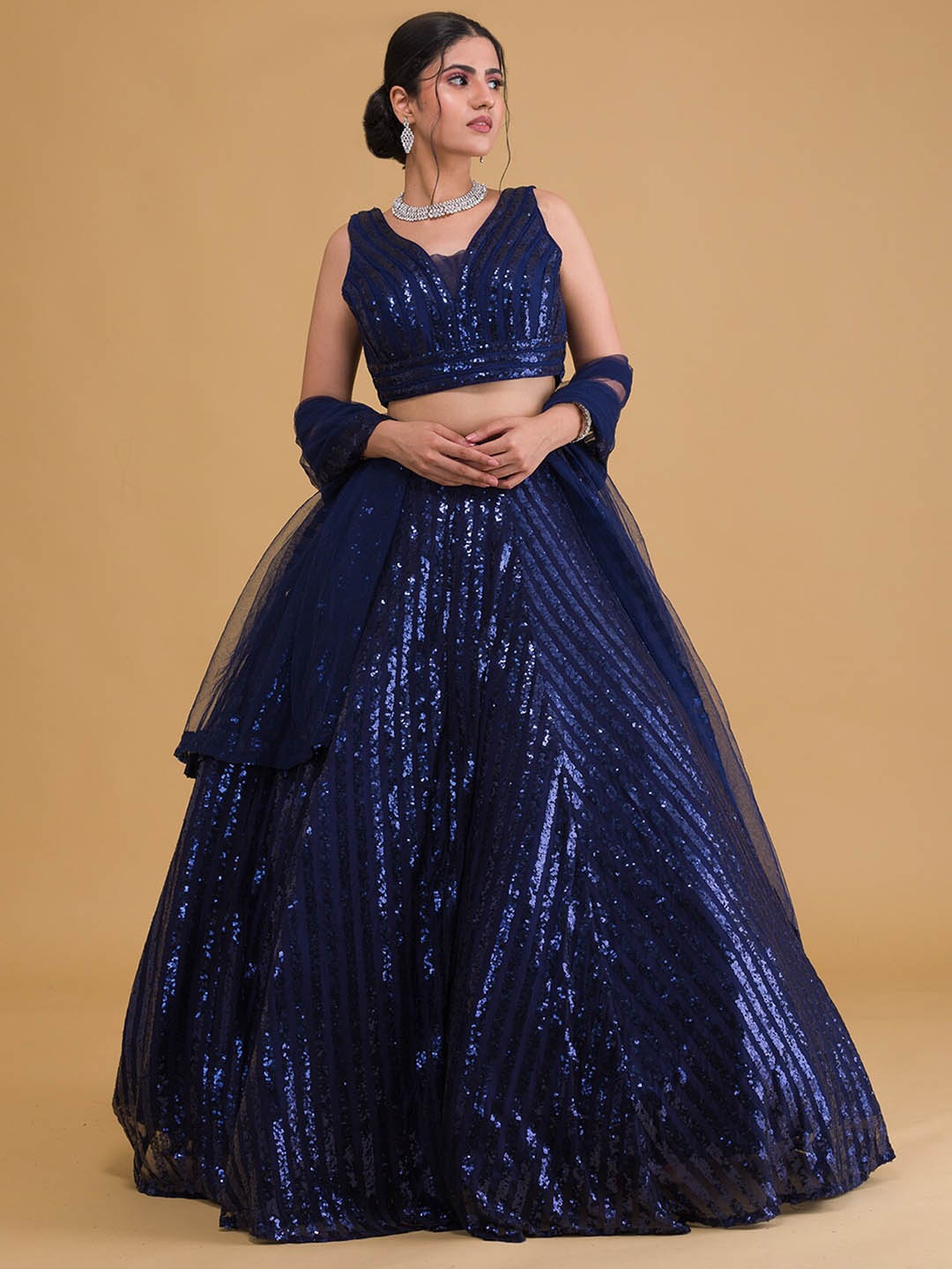 

Koskii Women Navy Blue Embellished Sequinned Ready to Wear Lehenga & Blouse With Dupatta