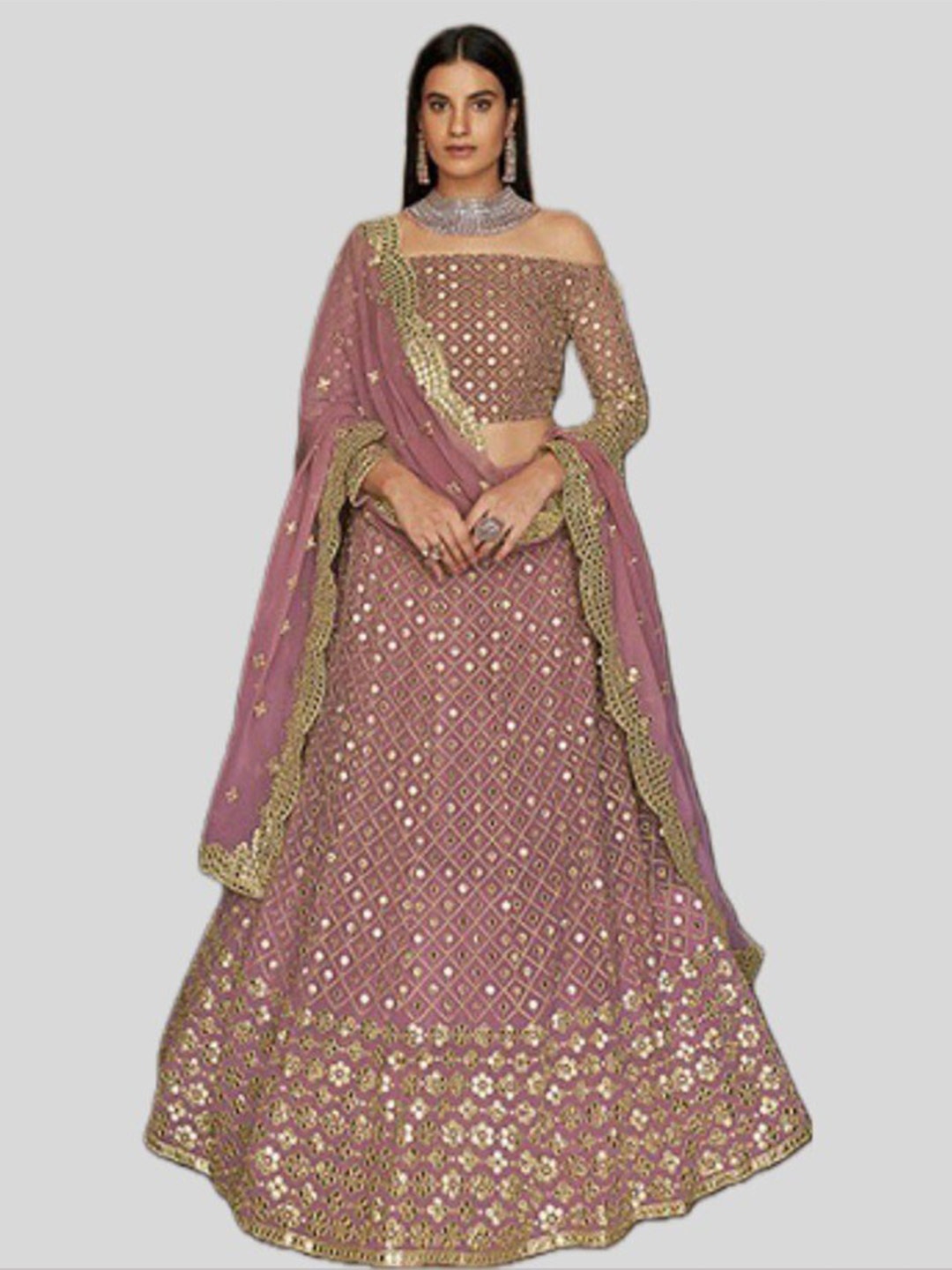 

DRESSTIVE Mauve & Green Mirror Work Semi-Stitched Lehenga & Blouse With Dupatta