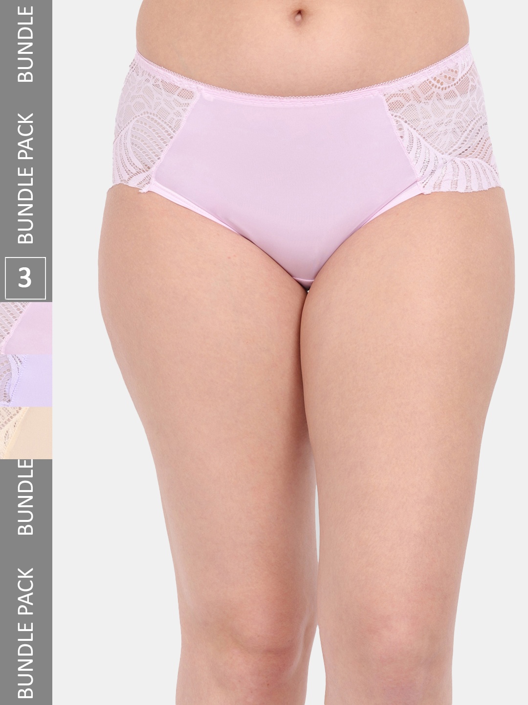 

Amour Secret Women Pack Of 3 Pink, Purple & Nude Solid Anti Microbial Lace Hipster Briefs