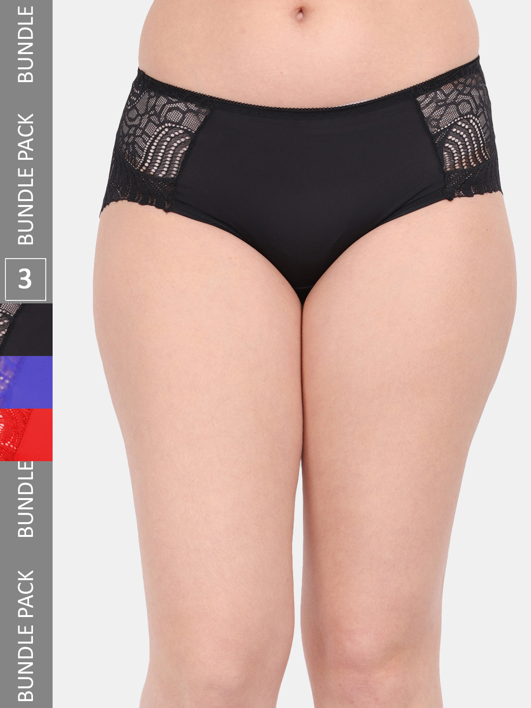 

Amour Secret Women Pack Of 3 Solid Lace Anti Microbial Hipster Briefs, Black