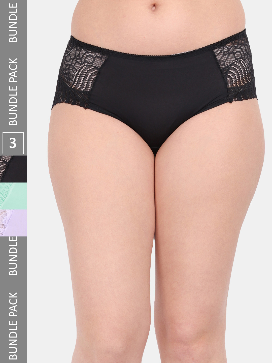 

Amour Secret Women Pack Of 3 Self-Design Lace Anti Microbial Hipster Briefs, Black