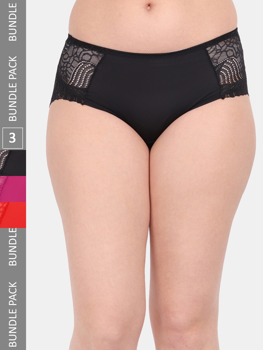 

Amour Secret Women Pack Of 3 Anti-Microbial Lace Hipster Briefs P3327_Blk_Mgt_Red, Black