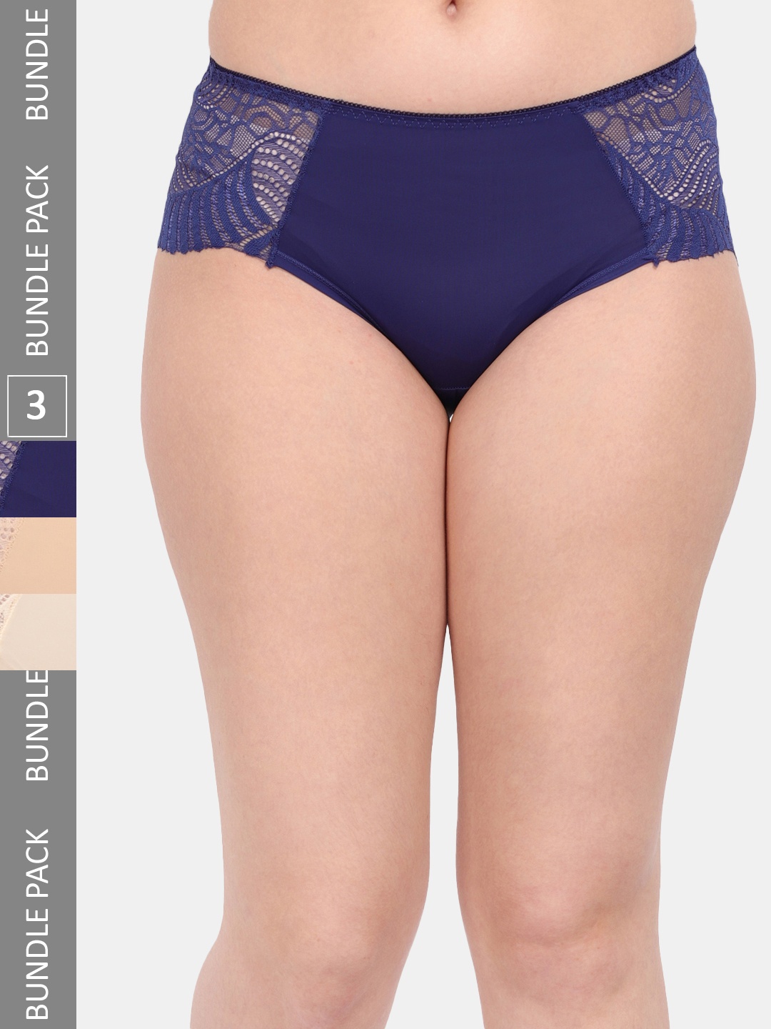 

Amour Secret Women Pack Of 3 Anti-Microbial Lace Hipster Briefs P3327_Nblu_Nud_Skn, Navy blue