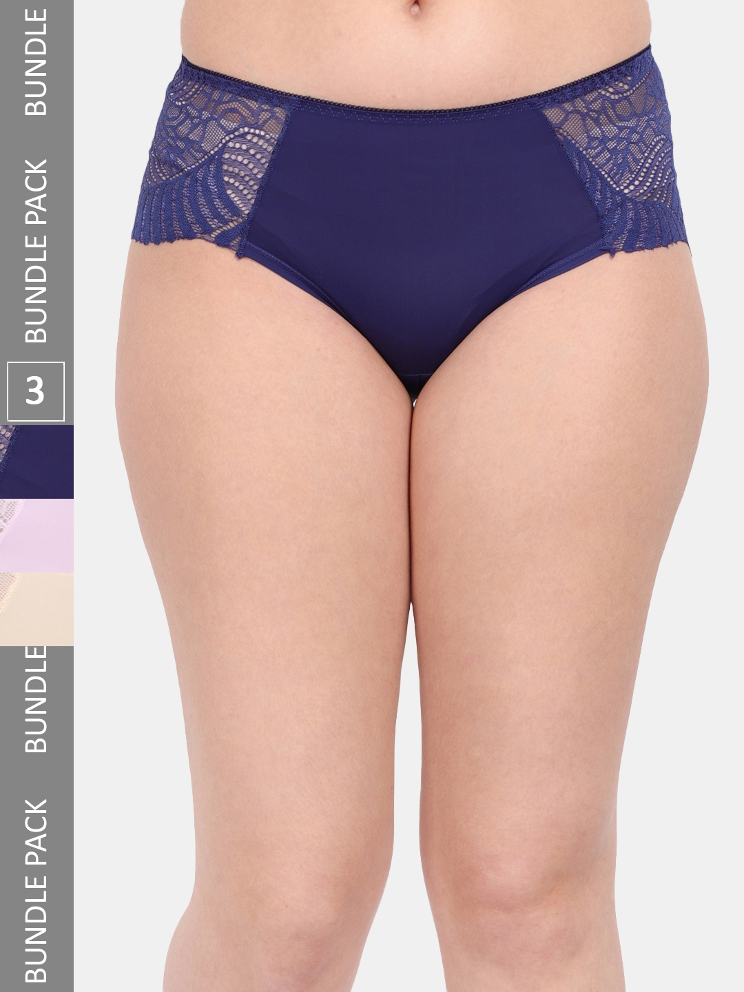 

Amour Secret Women Pack Of 3 Solid Lace Anti Microbial Hipster Briefs, Navy blue
