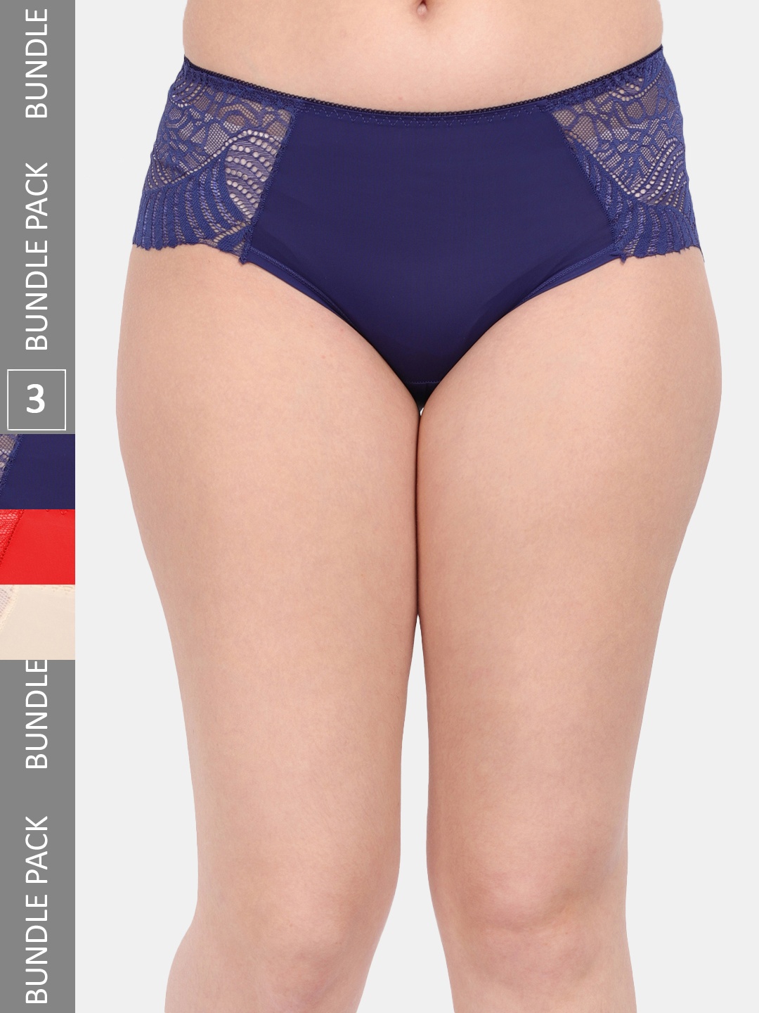 

Amour Secret Women Pack Of 3 Solid Laced Hipster Briefs P3327_Nblu_Red_Skn, Navy blue