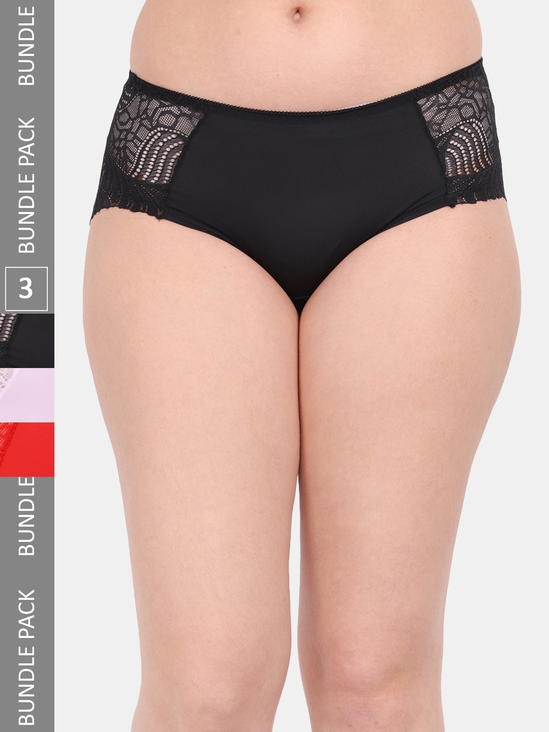 

Amour Secret Women Pack Of 3 Anti-Microbial Hipster Laced Briefs P3327_Blk_Pnk_Red, Black