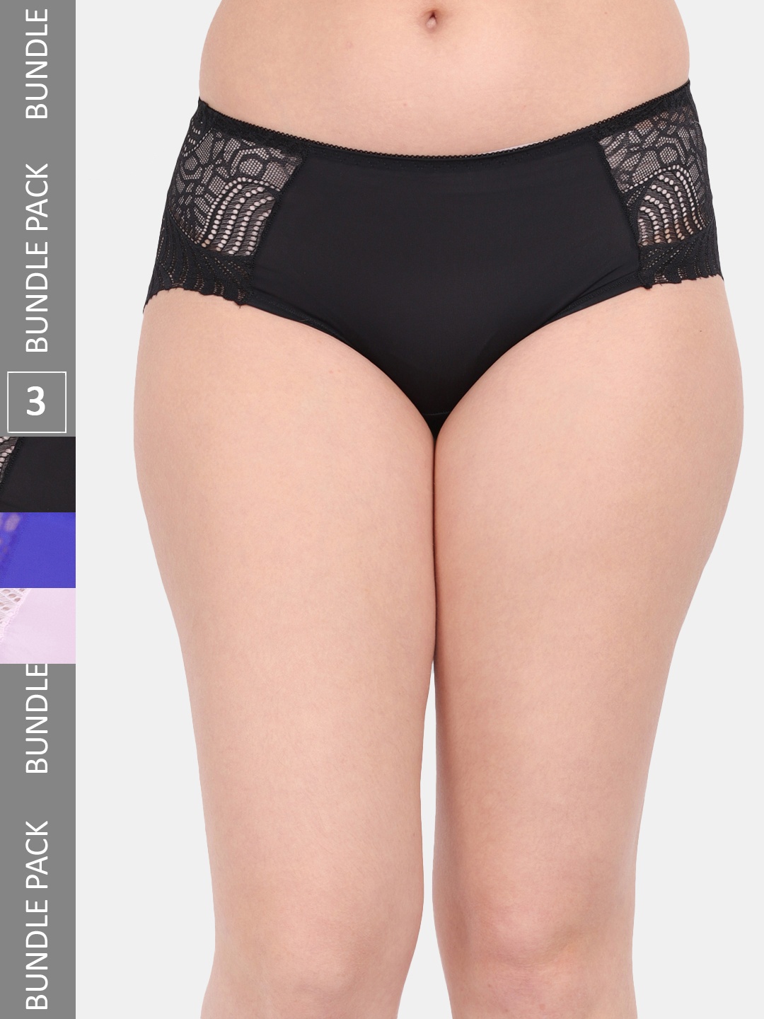 

Amour Secret Women Pack Of 3 Anti-Microbial Lace Hipster Briefs P3327_Blk_Blu_Pnk, Black