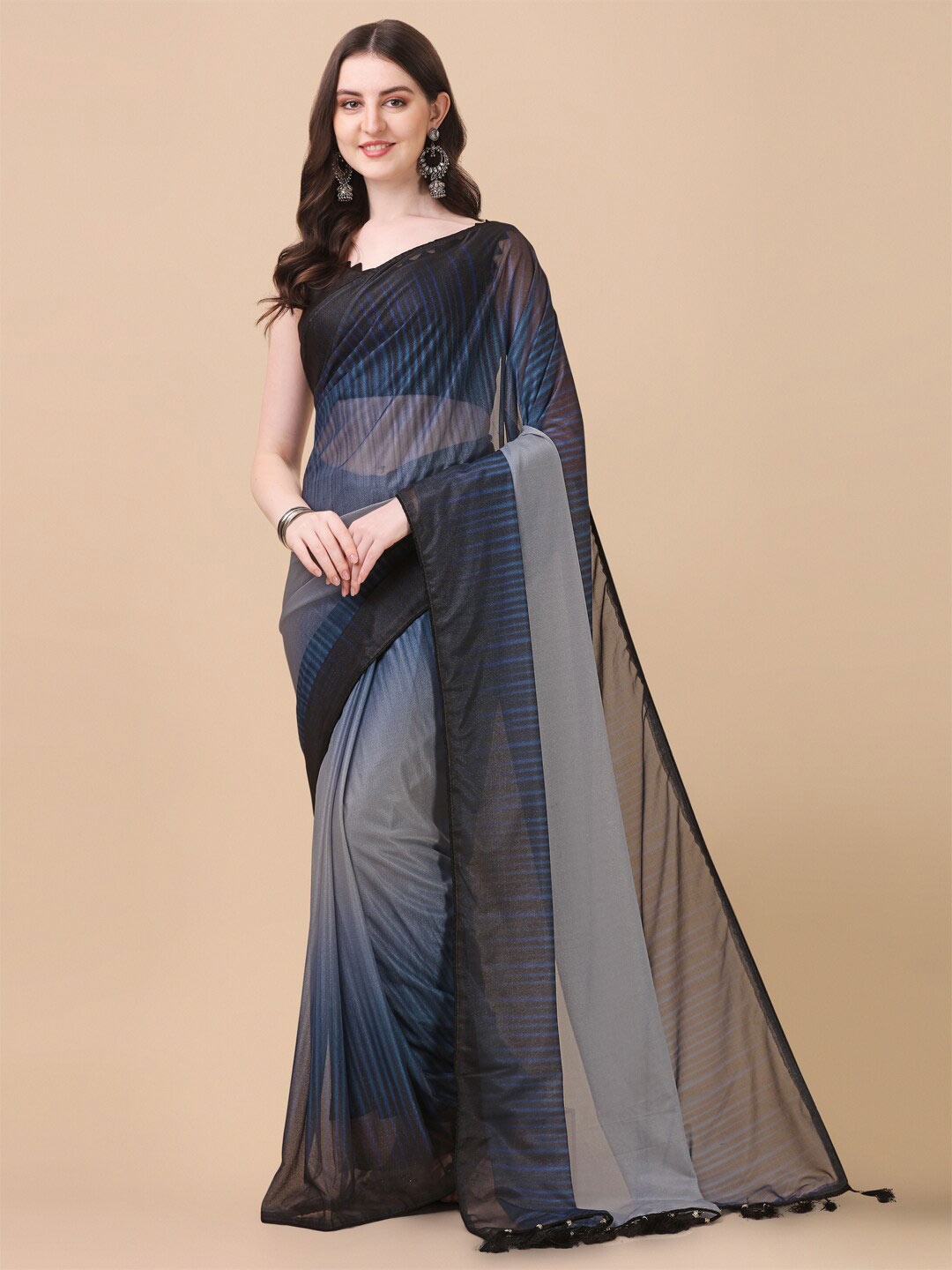 

Fab Viva Blue & Black Printed Striped Saree With Blouse Piece