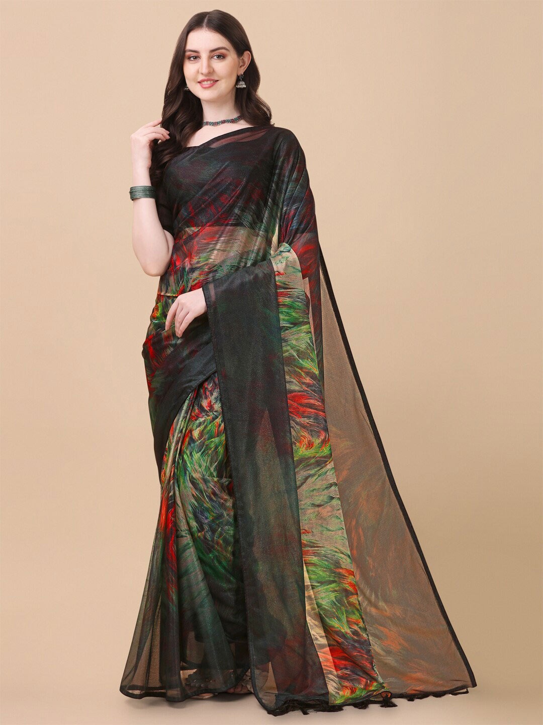 

Fab Viva Black & Red Saree With Blouse Piece