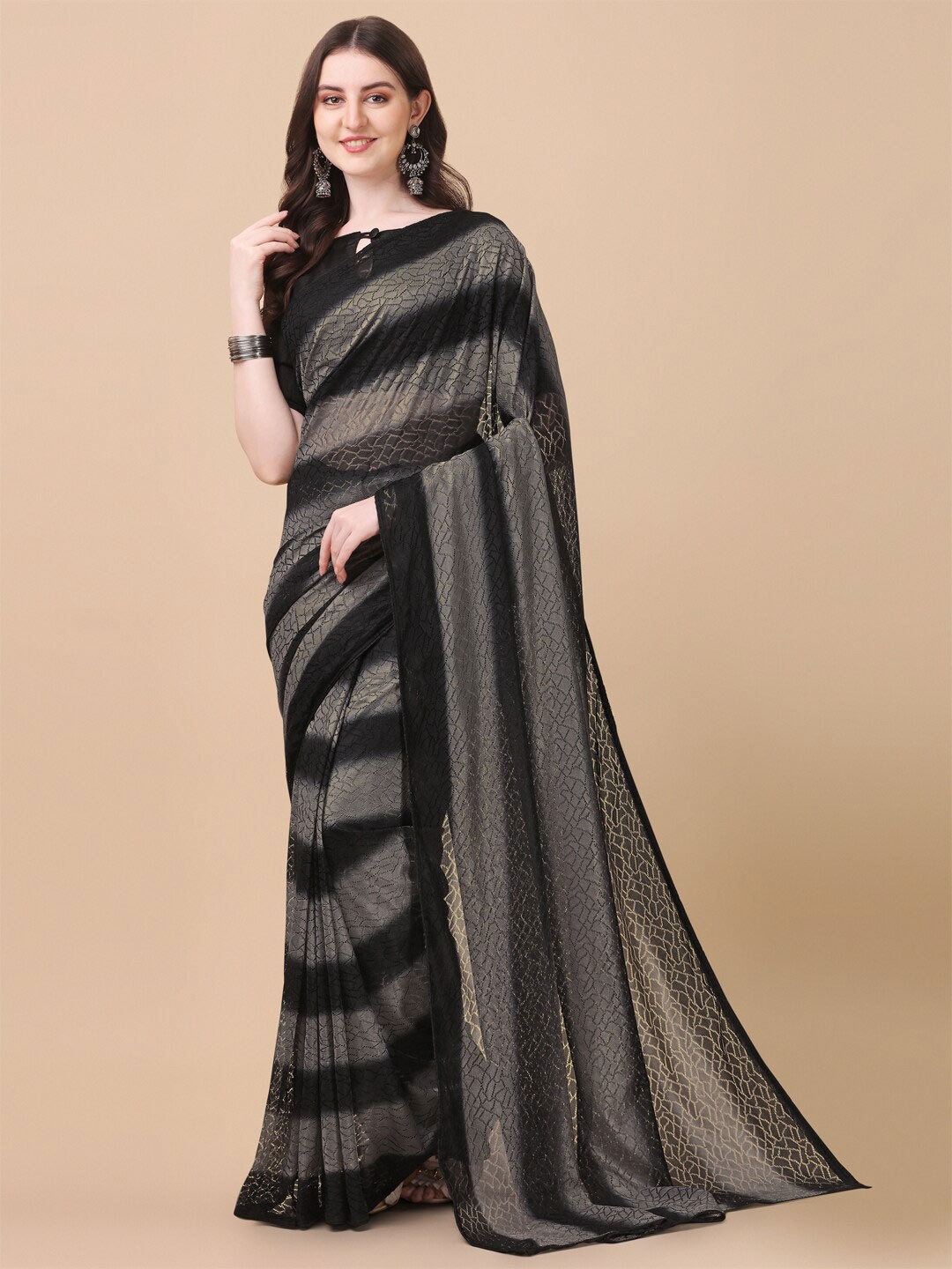 

Fab Viva Black & Grey Striped Net Saree With Blouse Piece