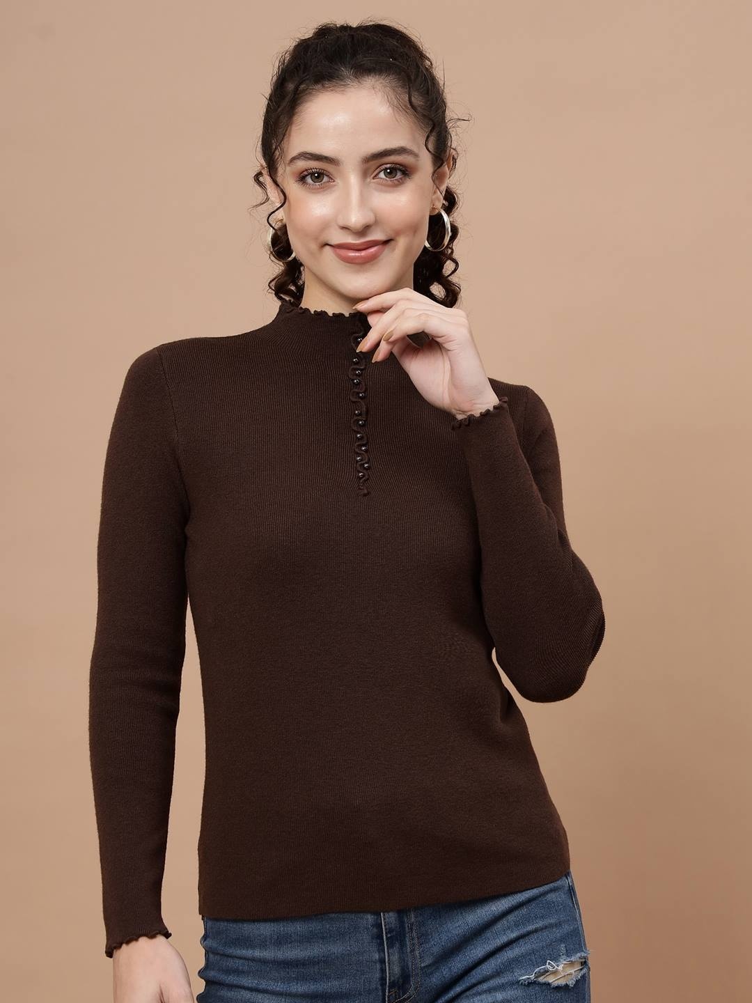 

Beatnik Women Pullover with Embellished Detail, Brown