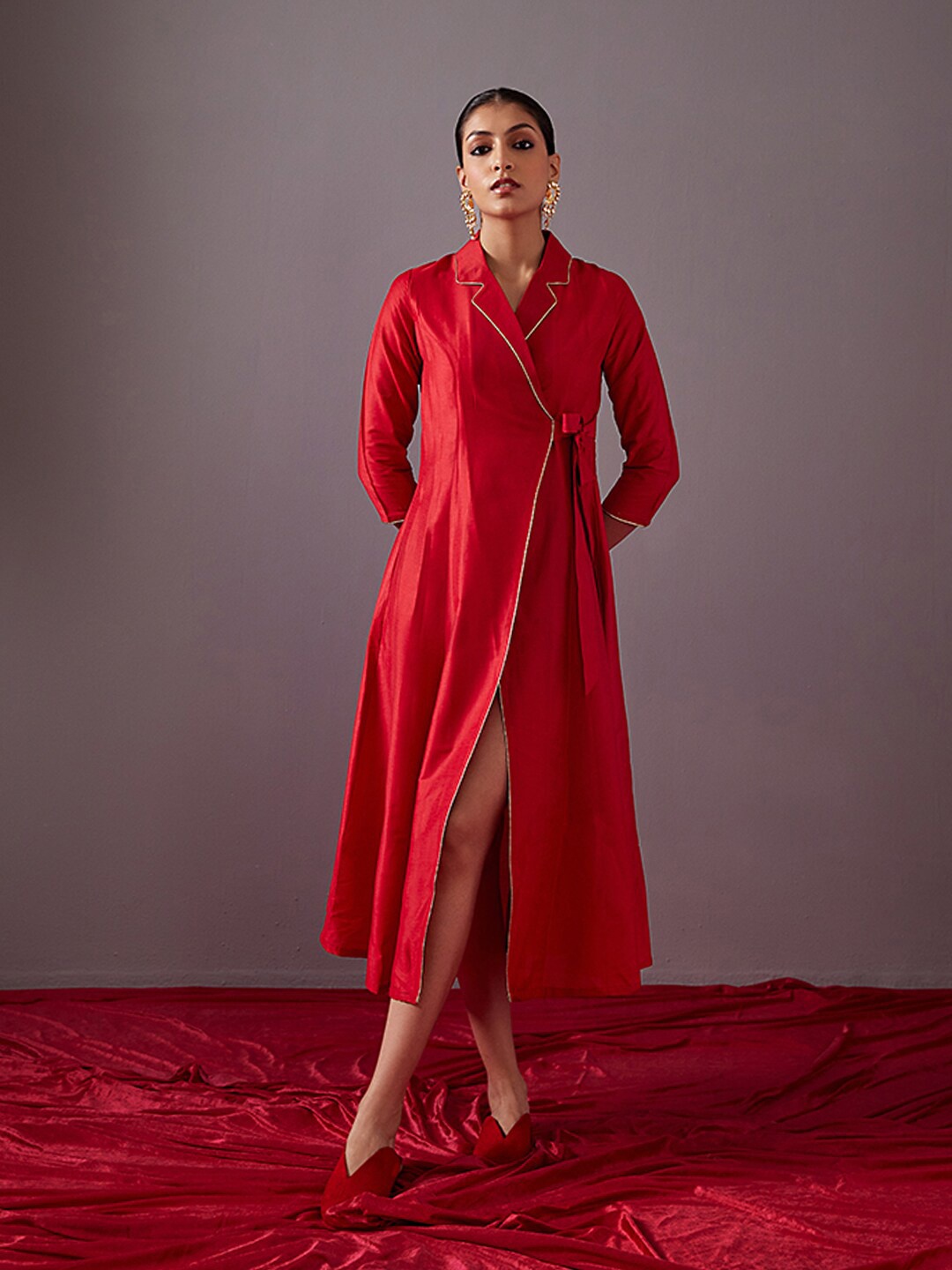 

Abhishti Lapel Collared Wrap Maxi Dress, Red