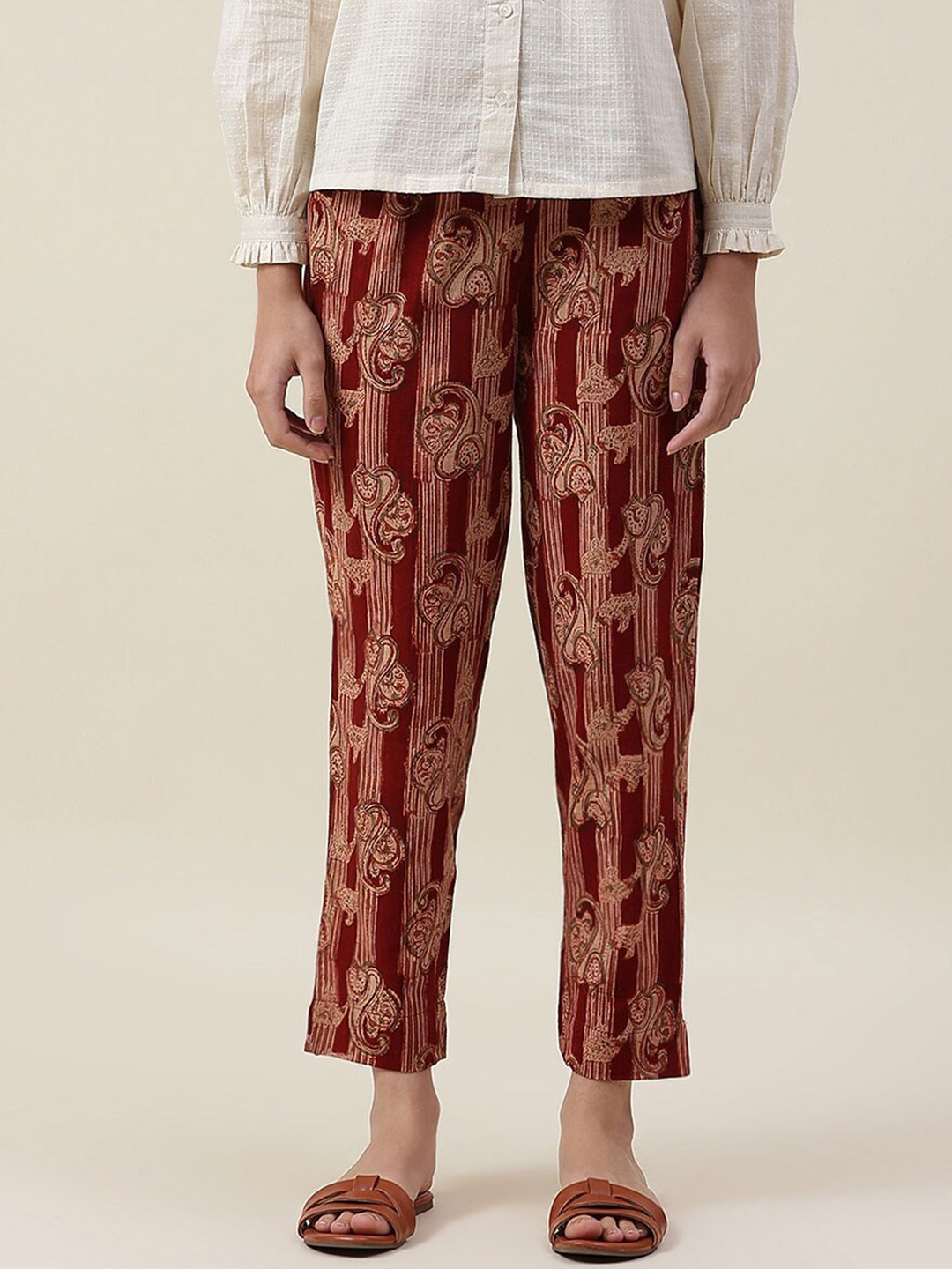 

Fabindia Women Maroon Floral Printed Cotton Comfort Trousers