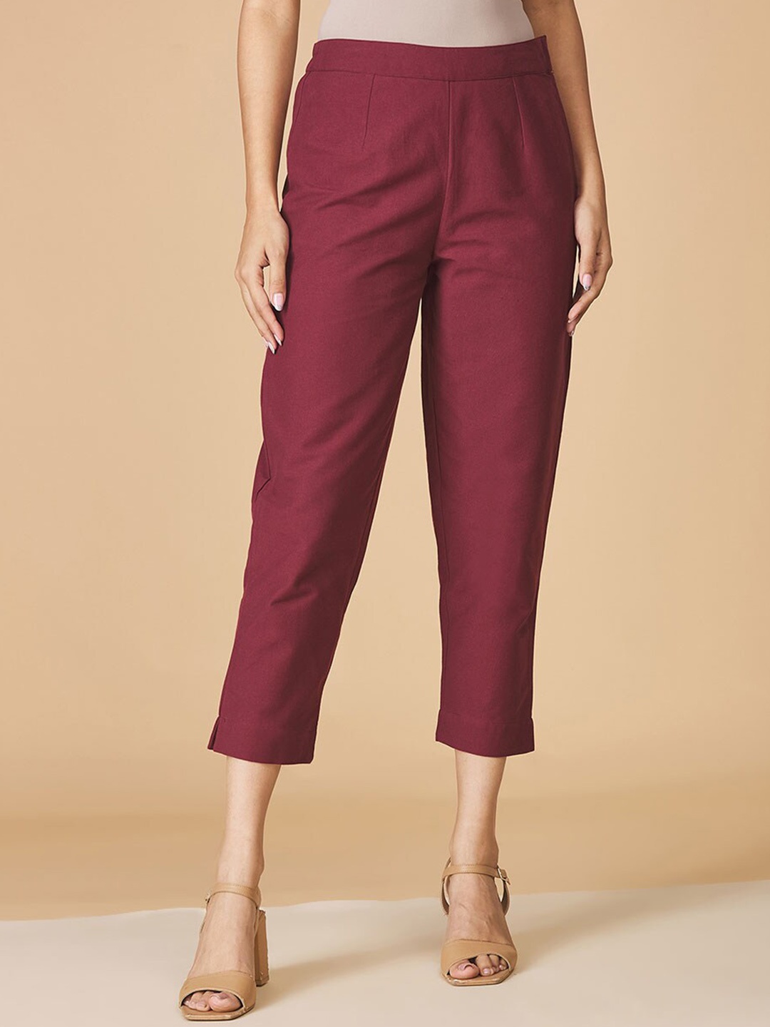 

Fabindia Women Cotton Slim Fit Culottes Trousers, Maroon