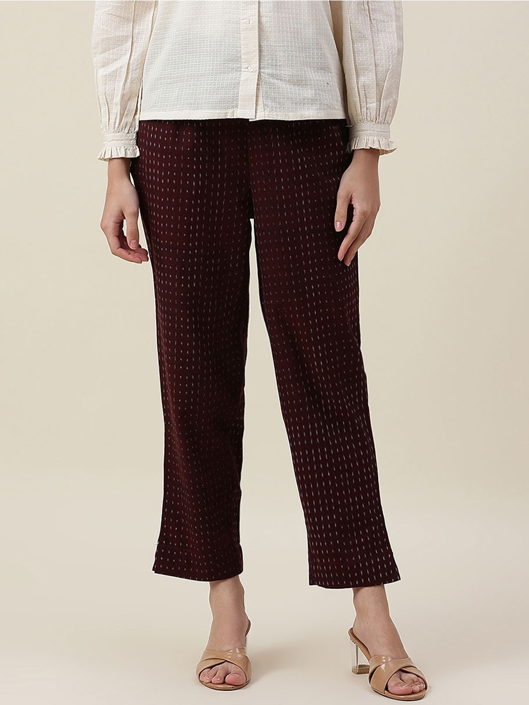 

Fabindia Women Maroon Printed Cotton Comfort Trousers