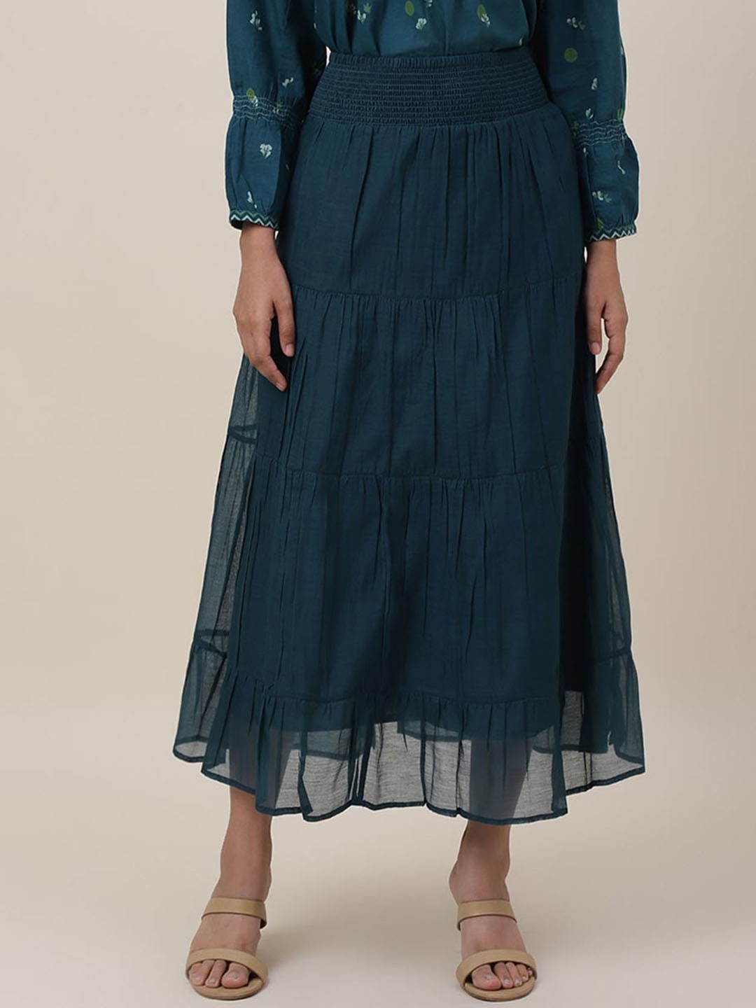 

Fabindia Women Teal Blue Solid Midi-Length Flared Skirt