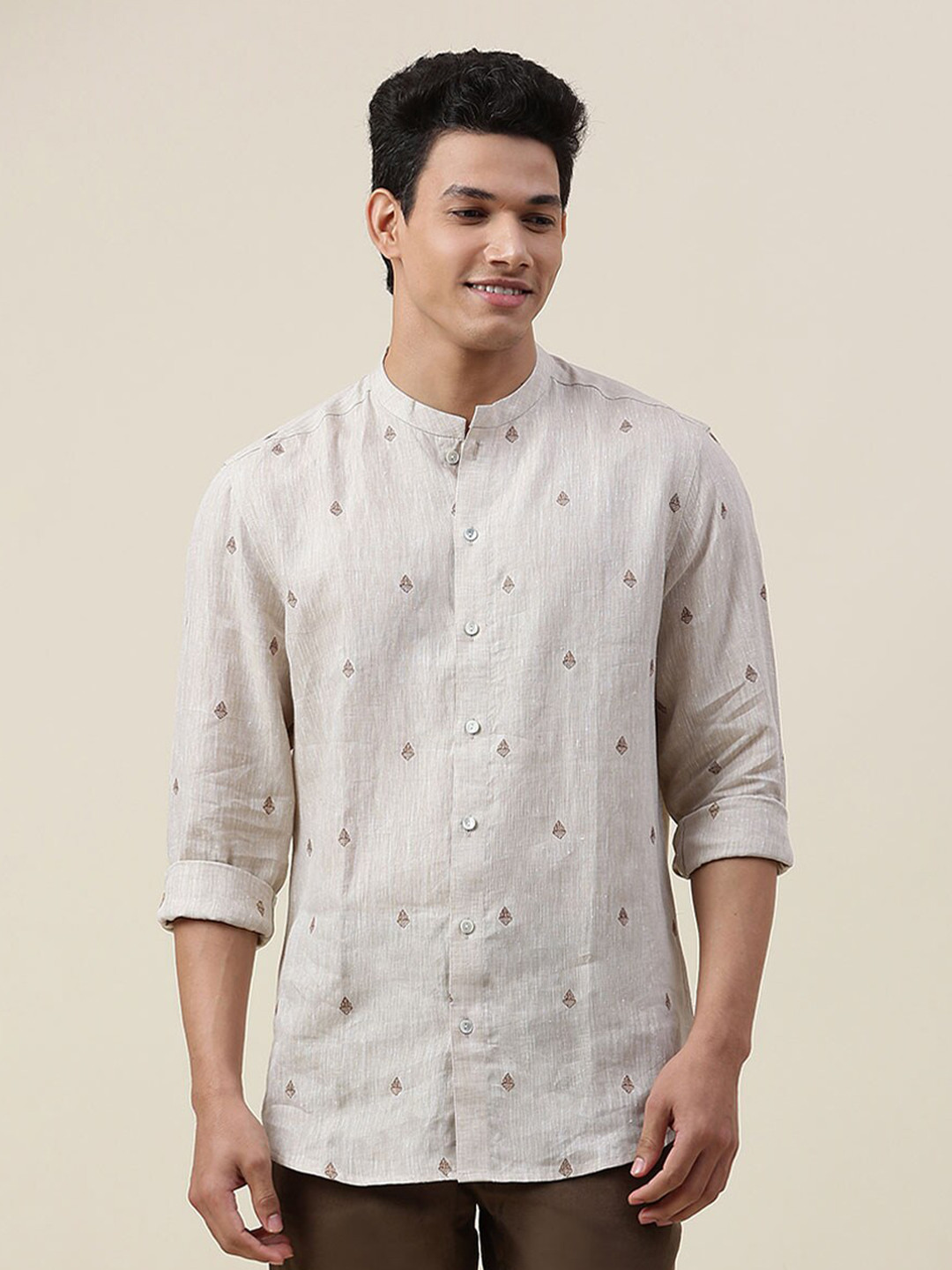 

Fabindia Men Slim Fit Printed Casual Linen Shirt, Beige