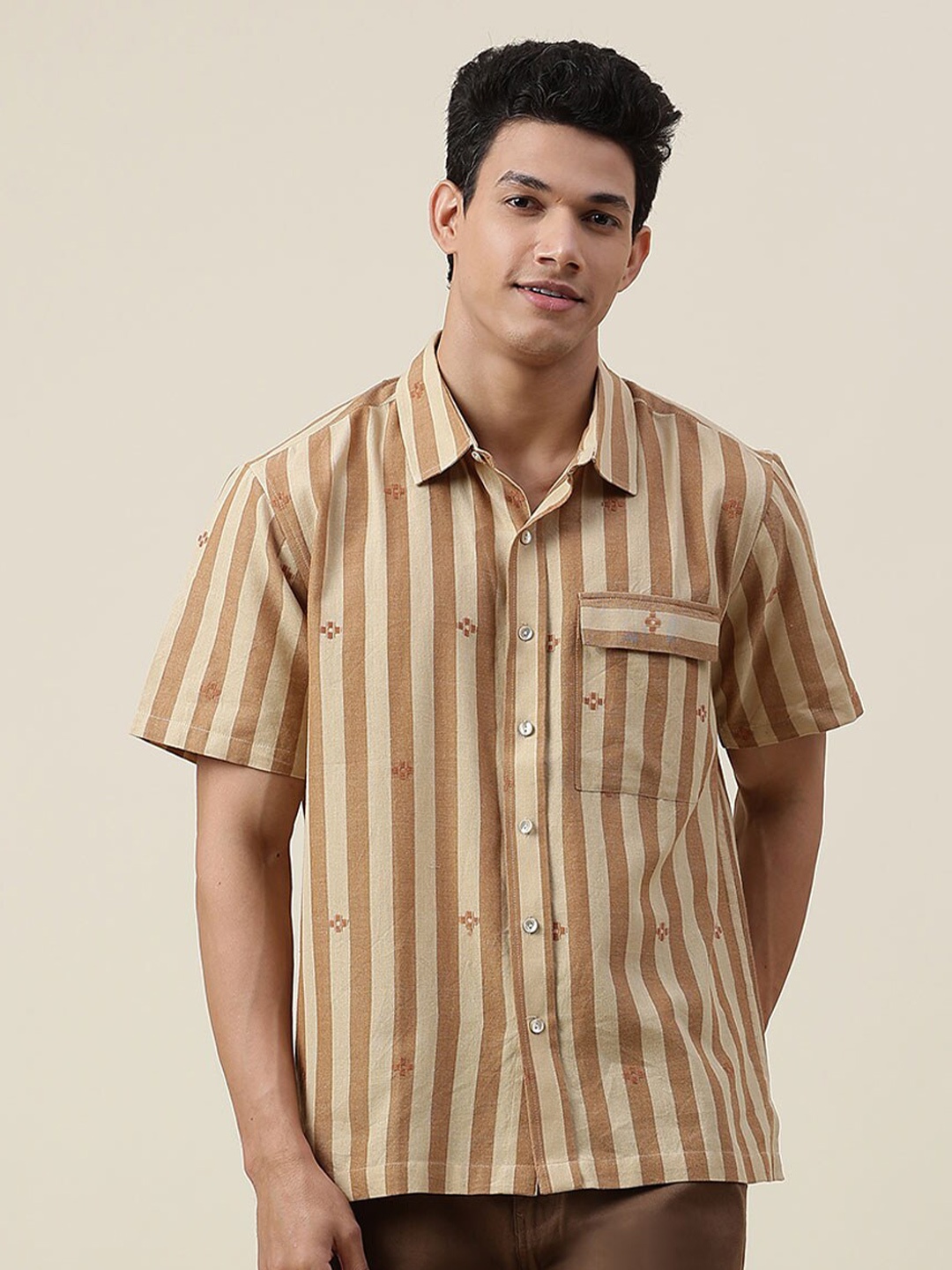 

Fabindia Men Comfort Striped Casual Cotton Shirt, Beige
